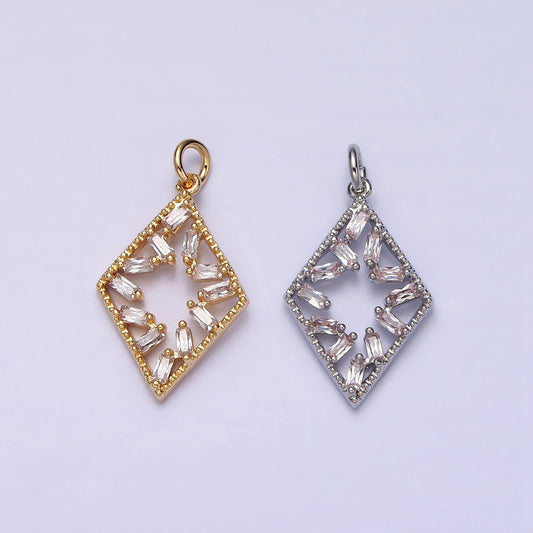 Dainty Rhombus Charm Geometric Dangle Charm Necklace Earring Bracelet Pendant Baguette CZ Diamond Lariat Gold Micro pave AC1211