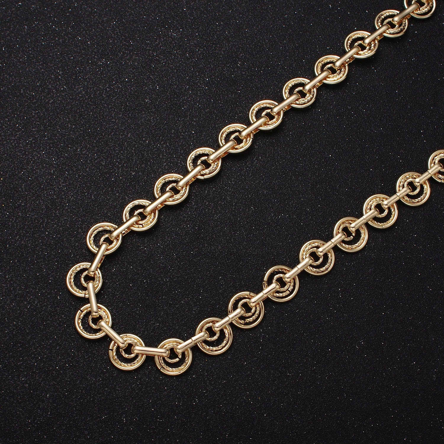 16k Gold Filled Statement Designed Textured Round Disc Link Unfinished Statement Chain by Yard in Gold & Silver | ROLL-1135, ROLL-1136