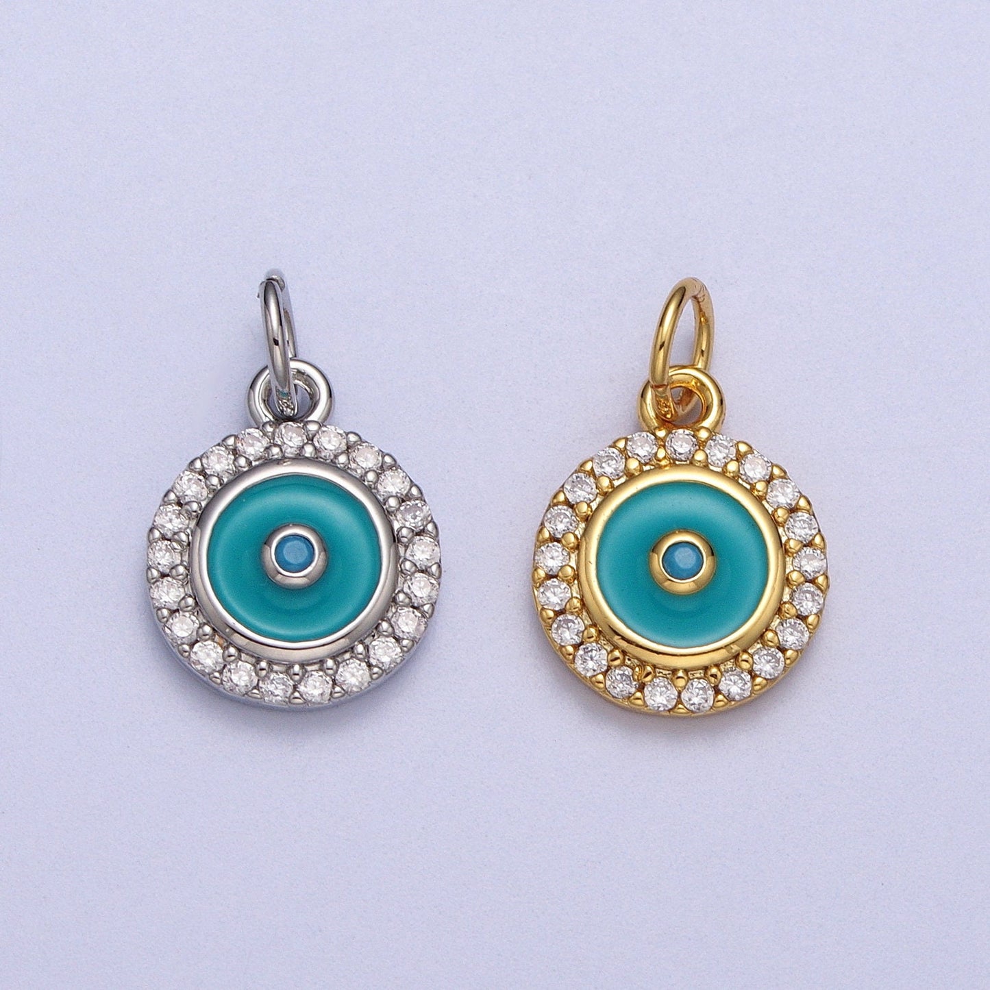 Teal Enamel Evil Eye Charm Pendant, Round Evil Eye Charm Cubic gold silver Disc Coin Medallion Jewelry Making Supply AC555