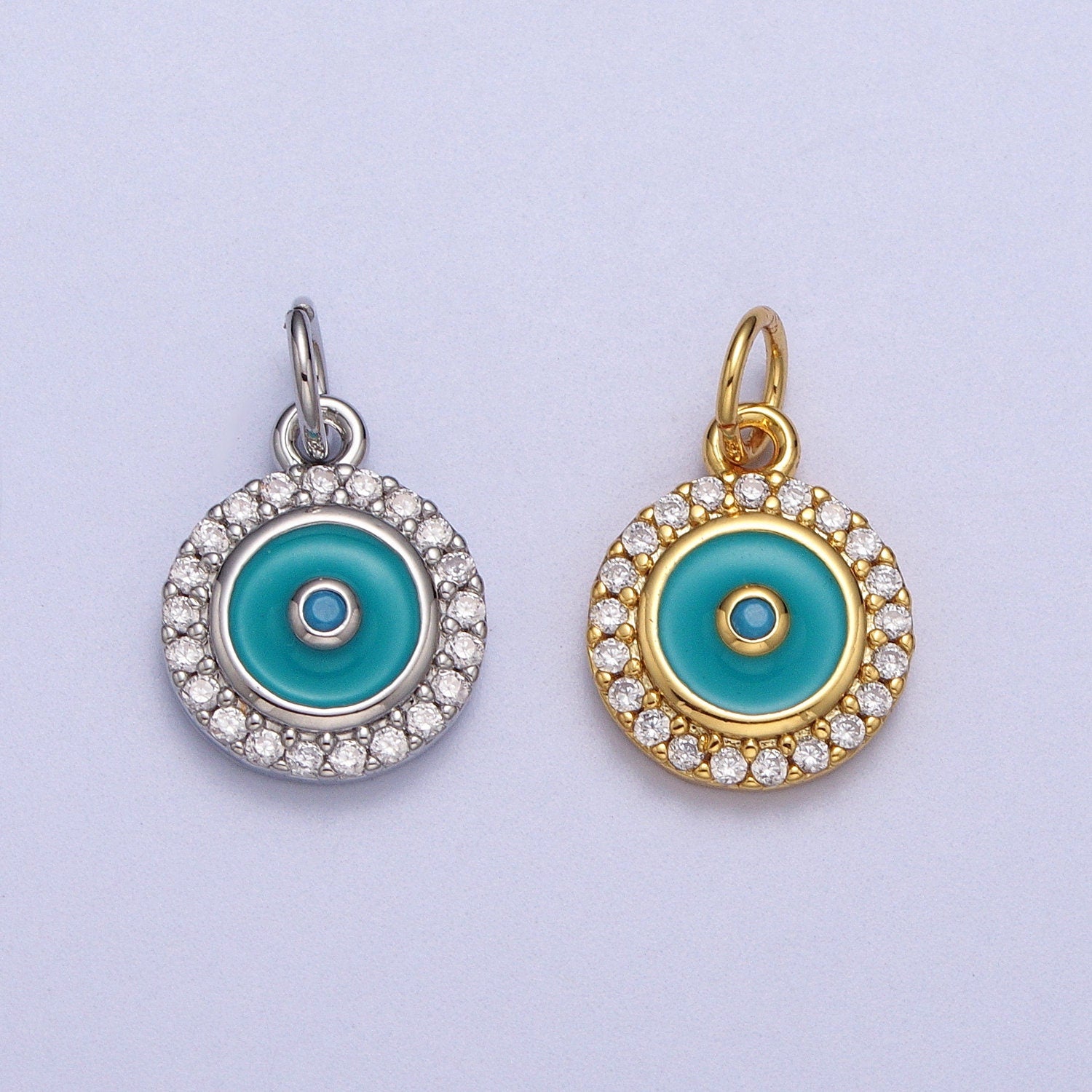 Teal Enamel Evil Eye Charm Pendant, Round Evil Eye Charm Cubic gold silver Disc Coin Medallion Jewelry Making Supply AC555