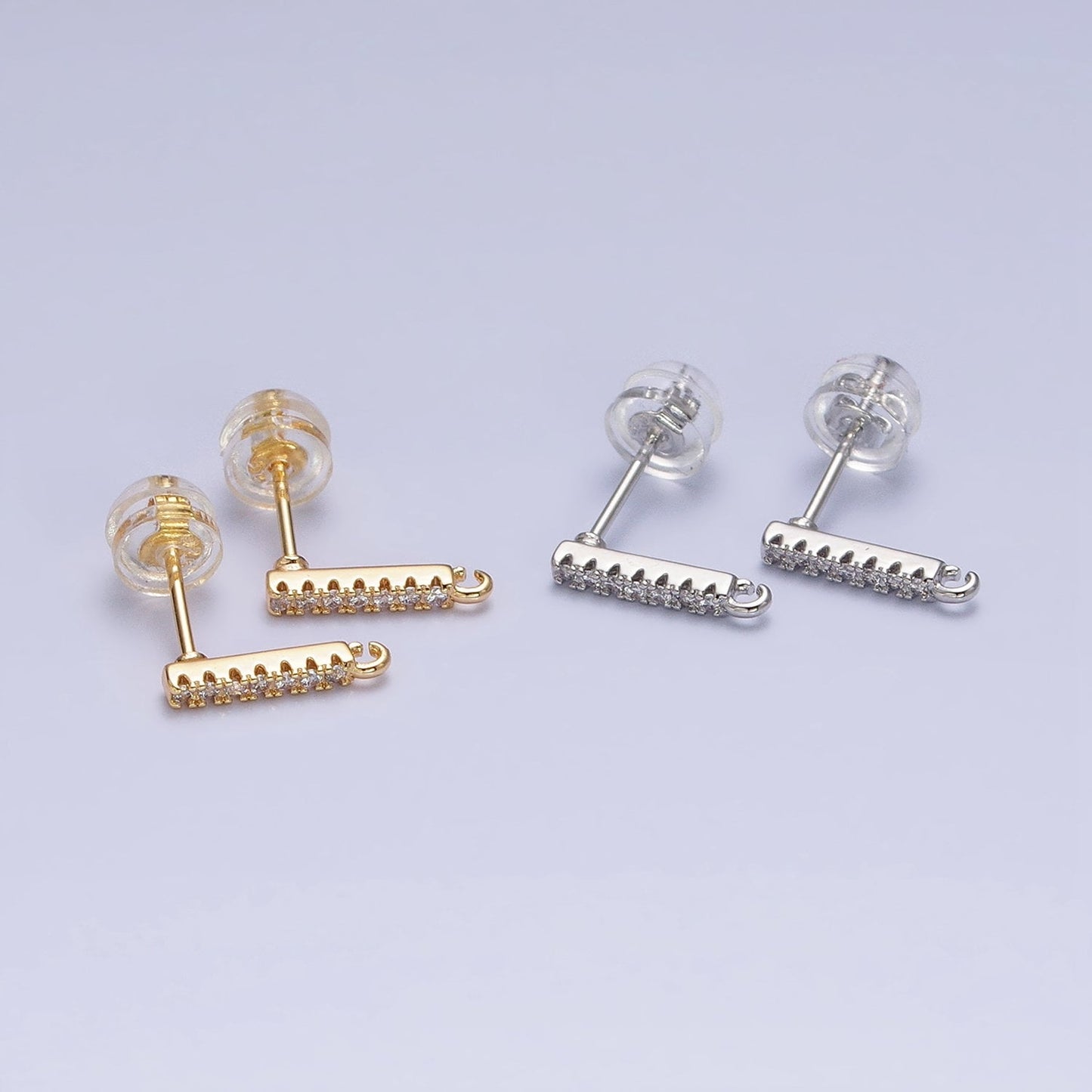 16K Gold Filled Micro Paved CZ 11mm Bar Open Loop Stud Earrings Supply in Gold & Silver | Z371 Z372