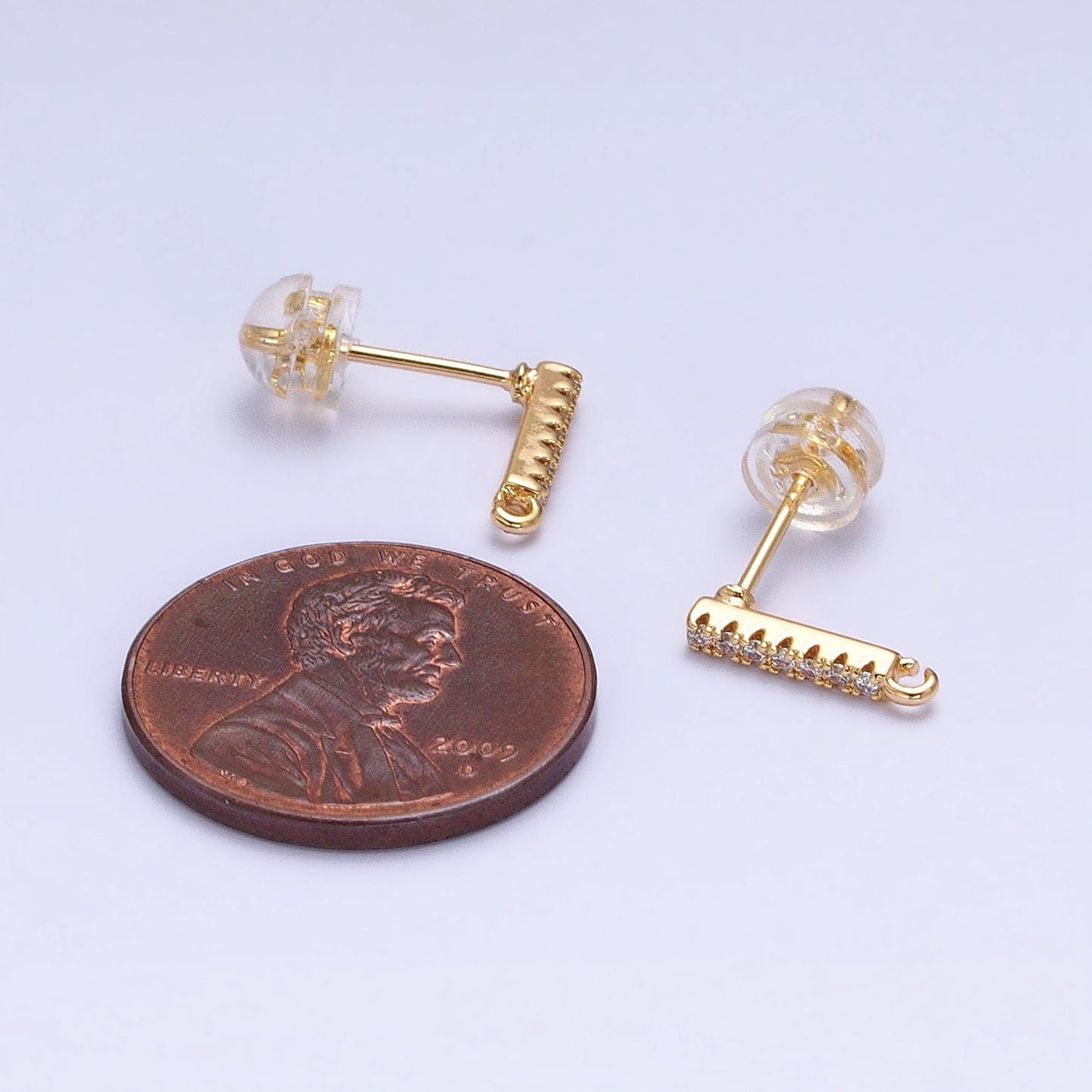 16K Gold Filled Micro Paved CZ 11mm Bar Open Loop Stud Earrings Supply in Gold & Silver | Z371 Z372