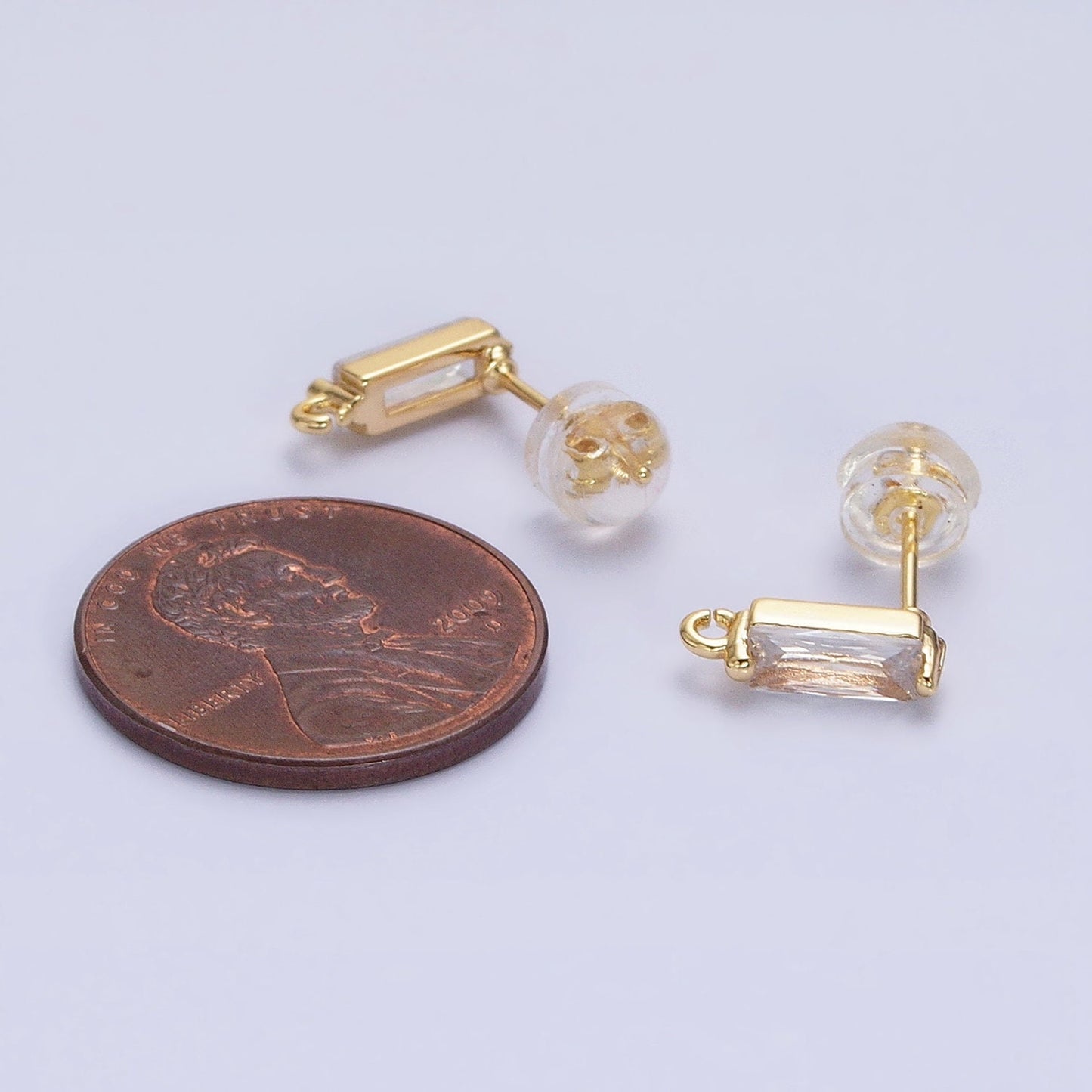 Mini Baguette CZ Earring Post Finding in 16K Gold Filled Studs with Open Loop Link Wholesale Earring Supply Z369