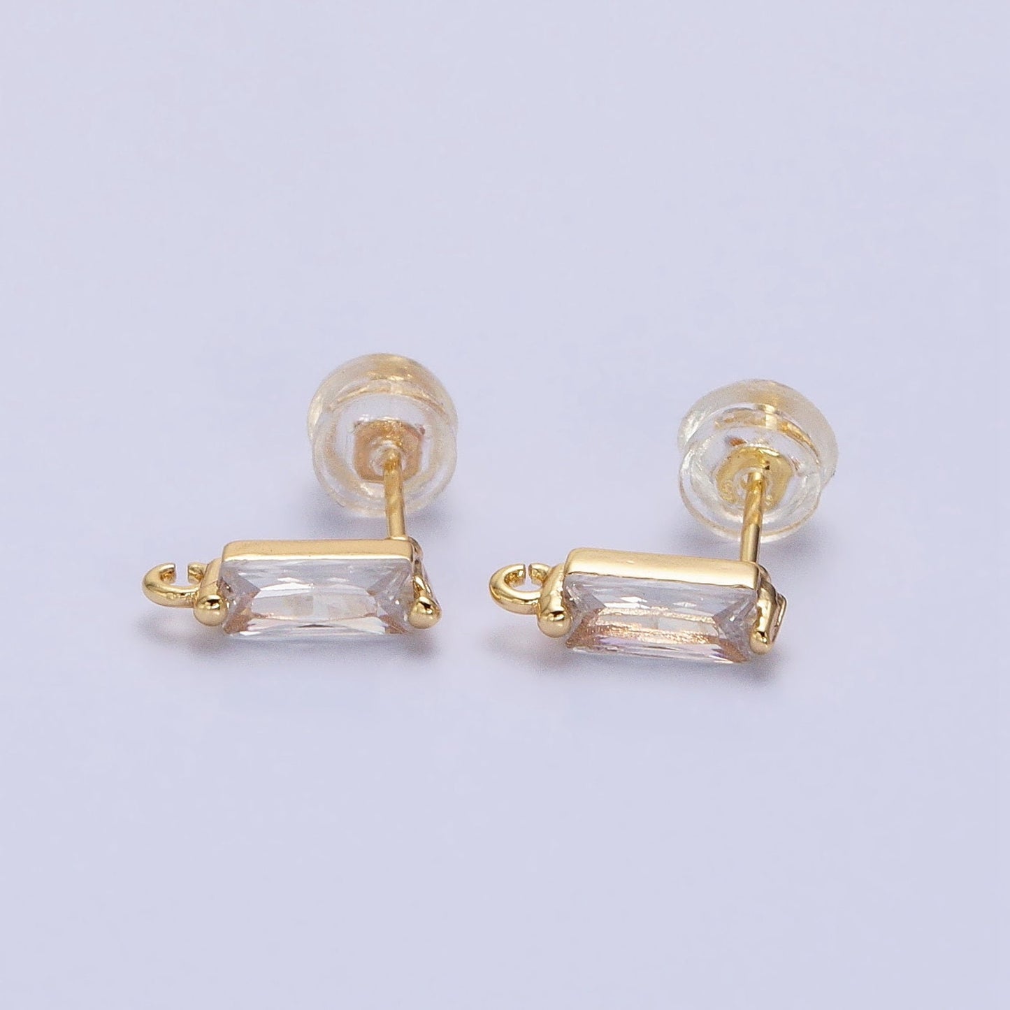 Mini Baguette CZ Earring Post Finding in 16K Gold Filled Studs with Open Loop Link Wholesale Earring Supply Z369