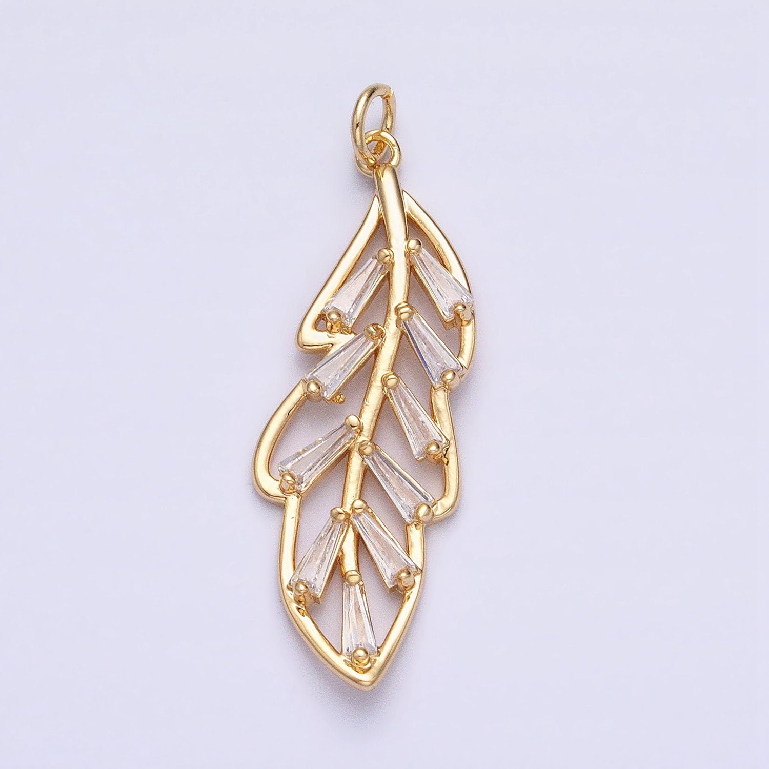 Dainty Leaf Charm, 18K Gold Filled Baguette CZ Leaf Pendants Cubic Zirconia ac960