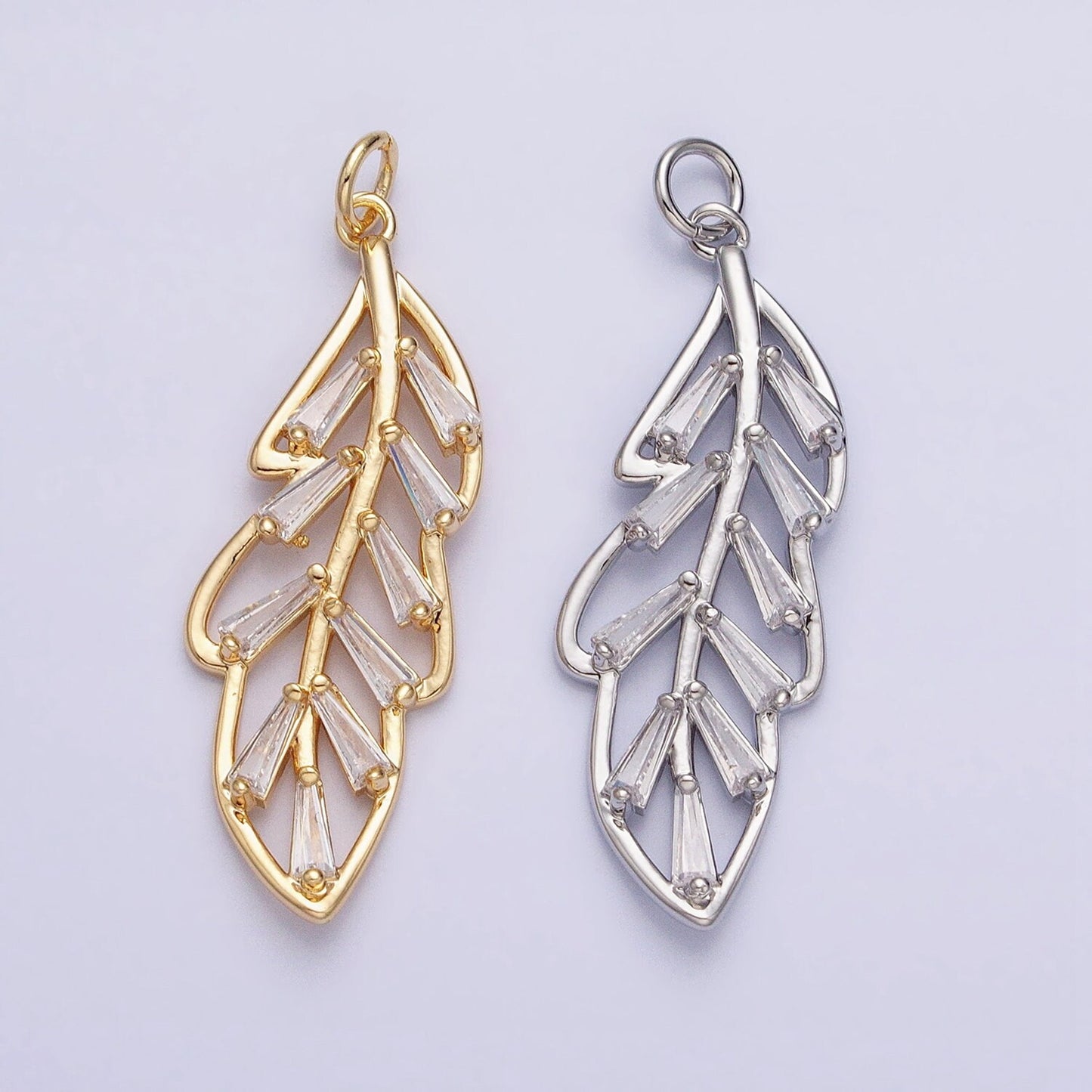 Dainty Leaf Charm, 18K Gold Filled Baguette CZ Leaf Pendants Cubic Zirconia ac960
