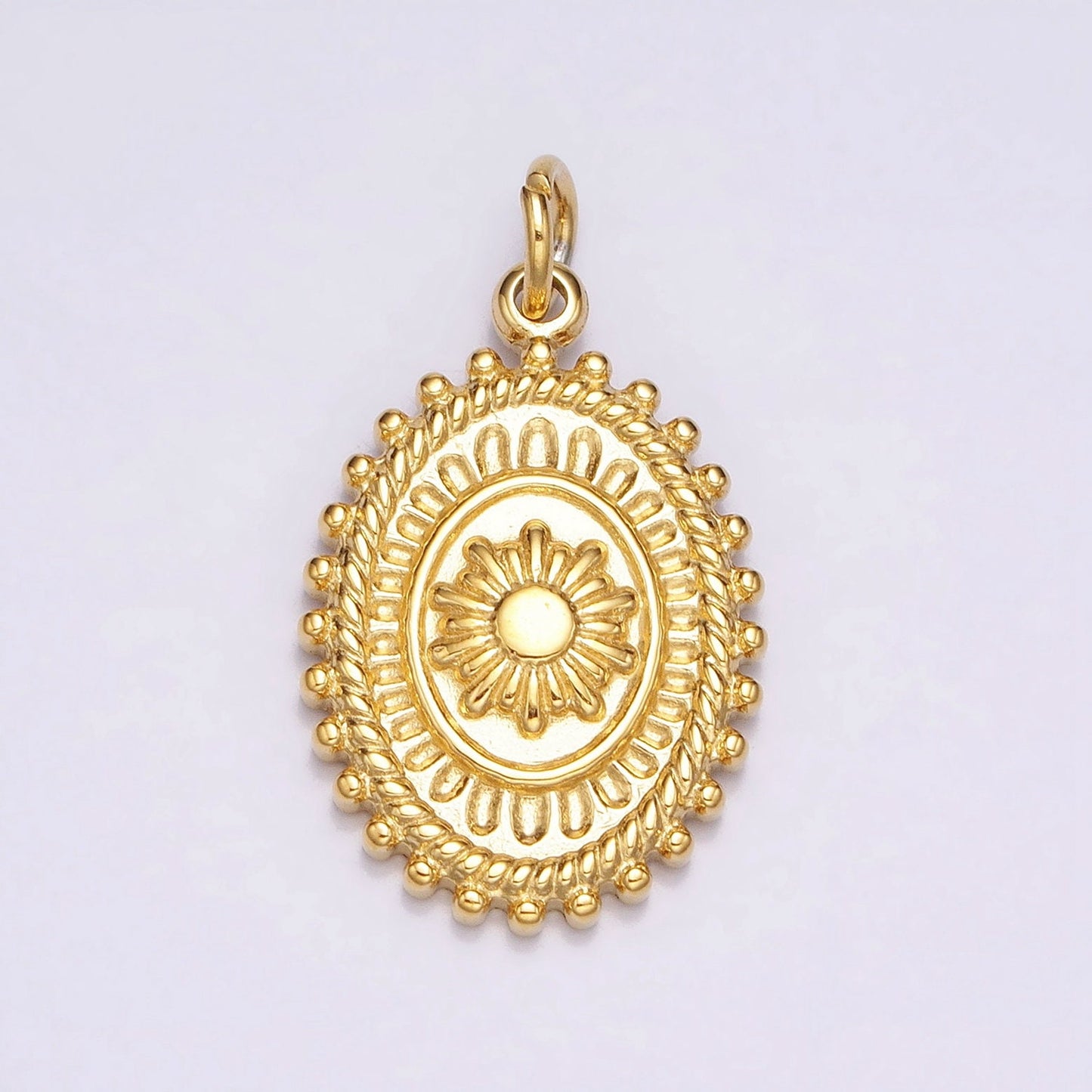 Gold, Silver Celestial Sun Pendant Medallion Yoga Beaded Outline Artisan Oval Charm | AC627 AC628