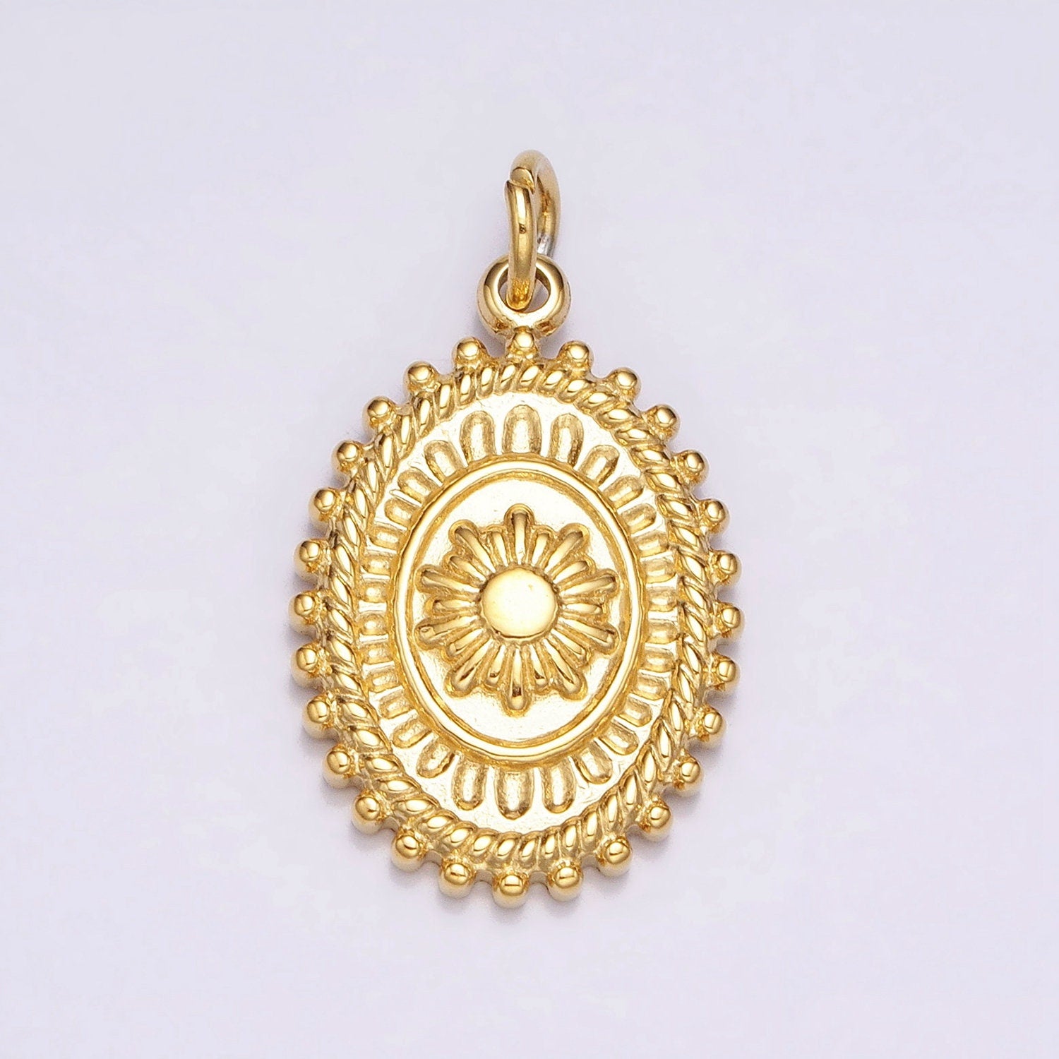 Gold, Silver Celestial Sun Pendant Medallion Yoga Beaded Outline Artisan Oval Charm | AC627 AC628