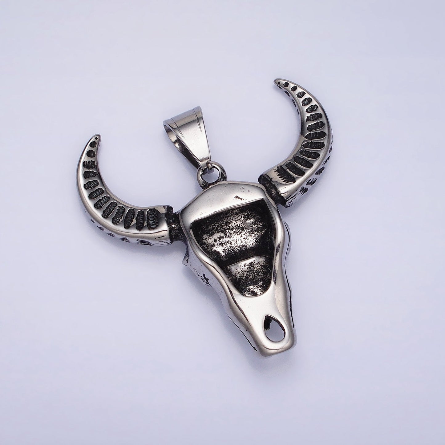 Stainless Steel Engraved Bull OX Cow head with horn Pendant in Silver | P-1142