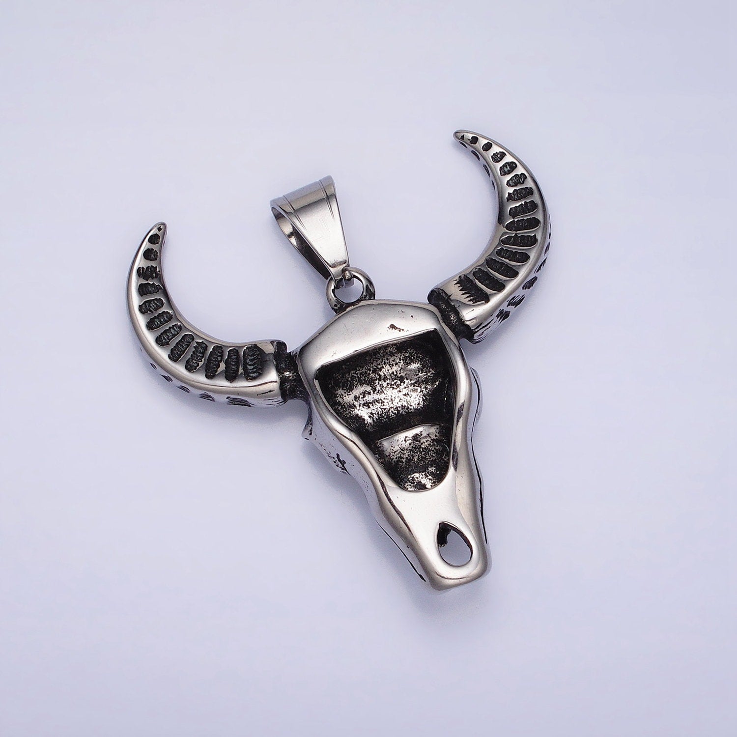 Stainless Steel Engraved Bull OX Cow head with horn Pendant in Silver | P-1142