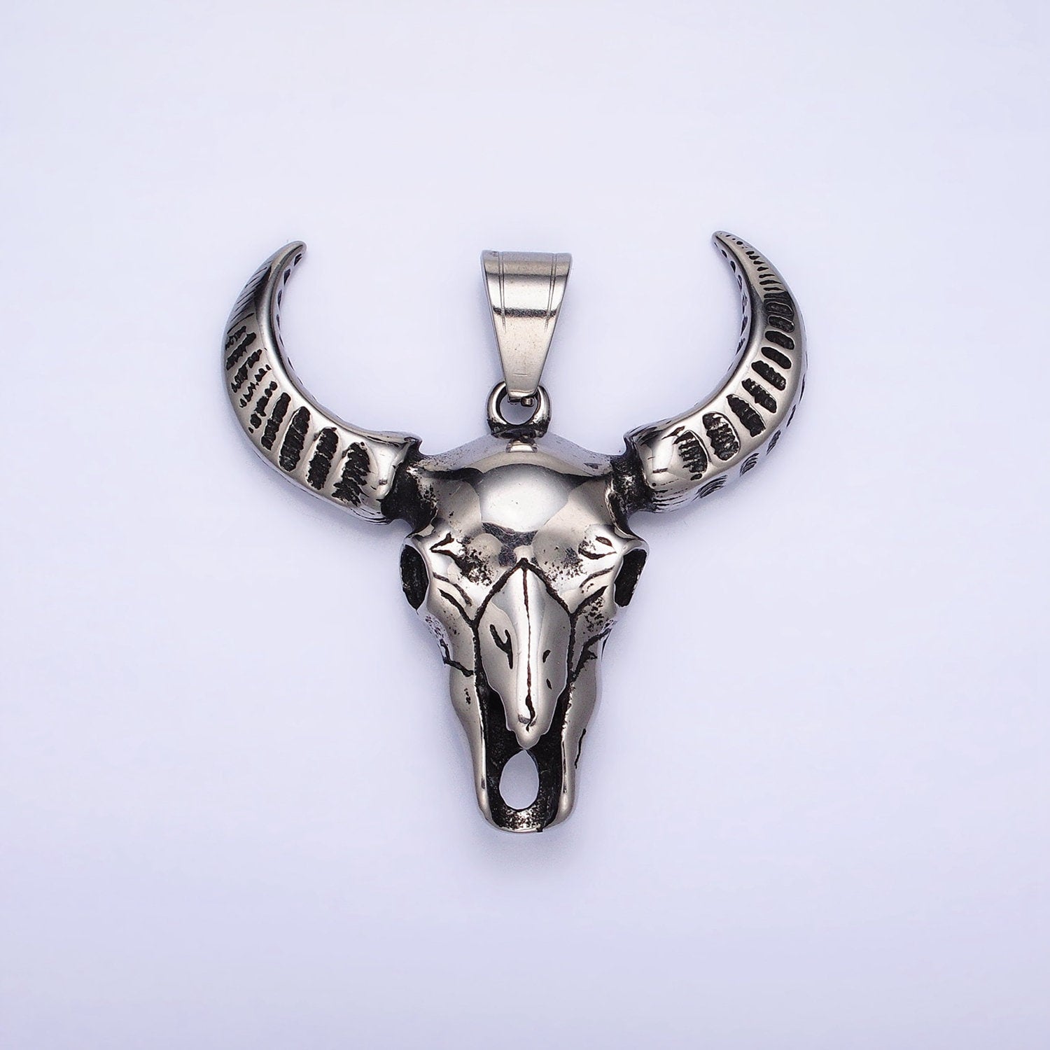 Stainless Steel Engraved Bull OX Cow head with horn Pendant in Silver | P-1142