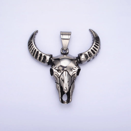 Stainless Steel Engraved Bull OX Cow head with horn Pendant in Silver | P-1142