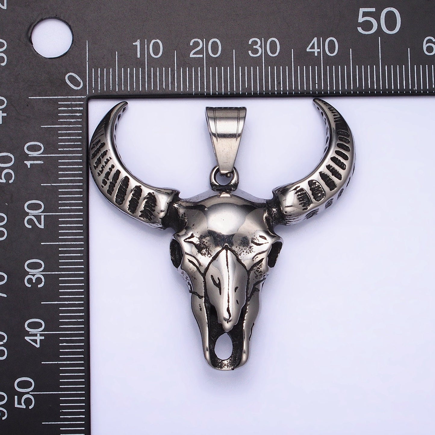 Stainless Steel Engraved Bull OX Cow head with horn Pendant in Silver | P-1142