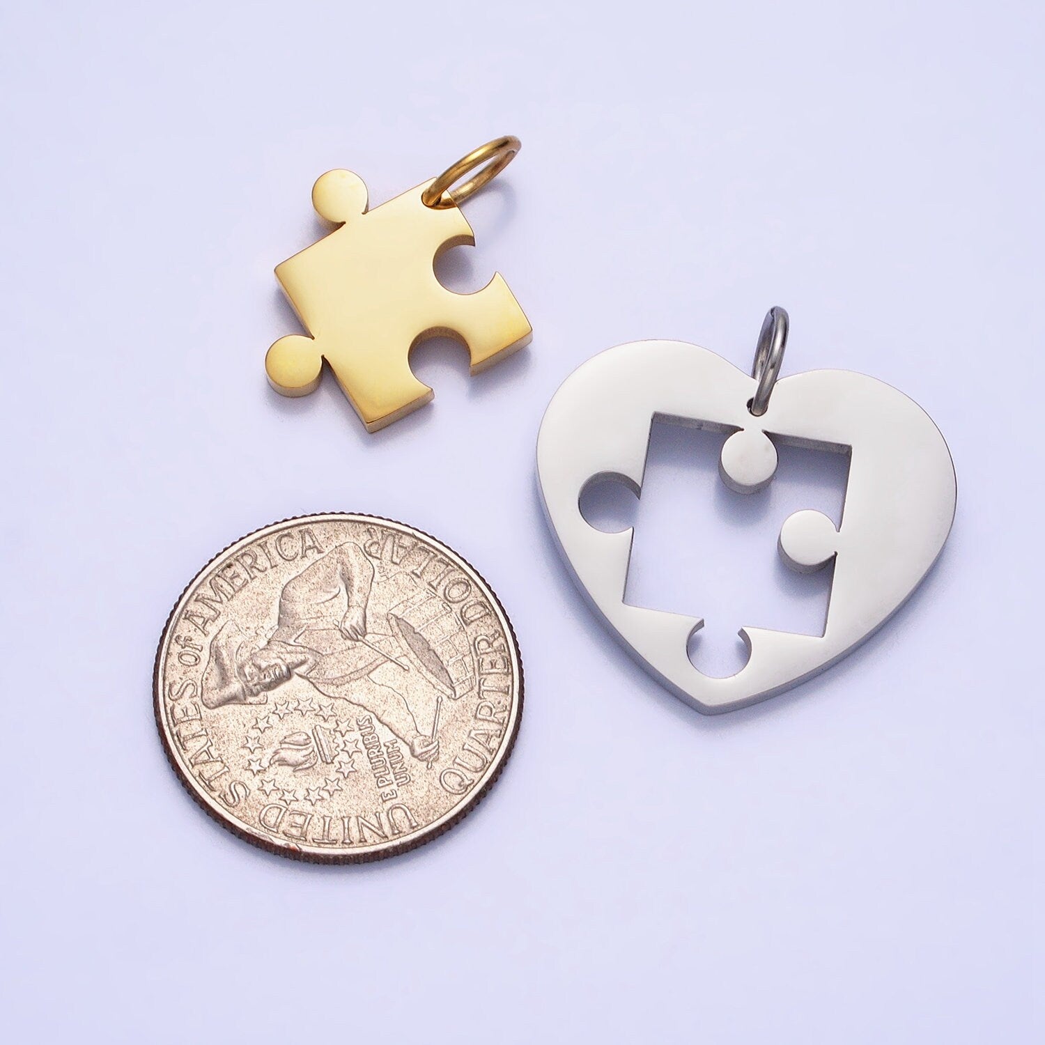 Stainless Steel Two Heart Puzzle Pieces Pendant in Silver & Gold Autism Awareness Jewelry Inspired | P-927 P-928