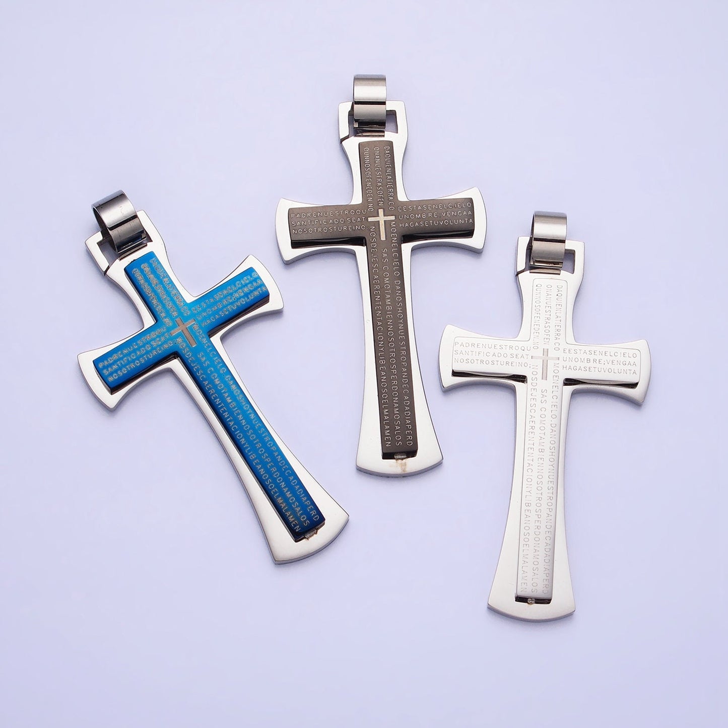 Stainless Steel Geometric Engraved Religious Cross Pendant in Silver Blue Black | P-1151 P-1152