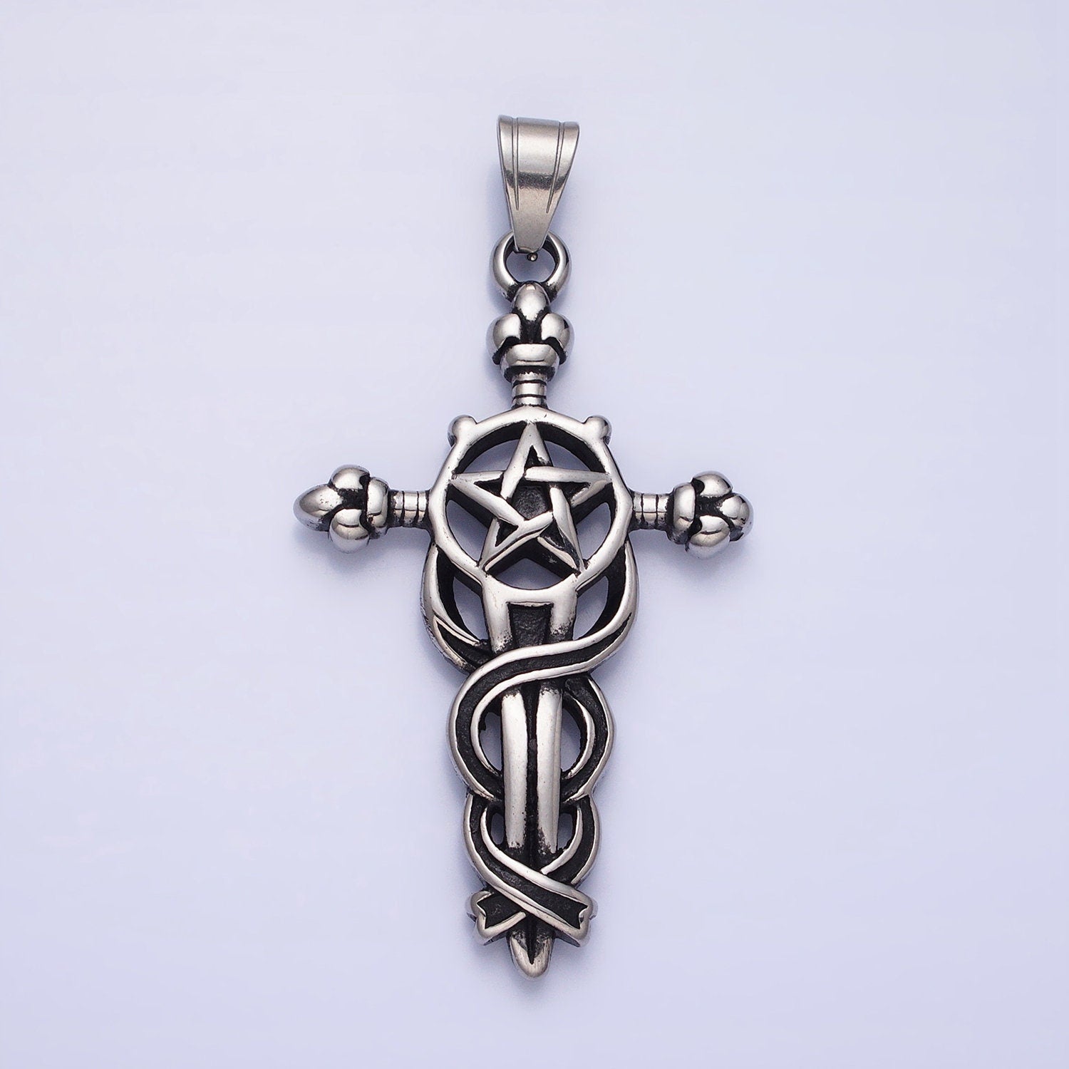 Stainless Steel Sword Charm Men Cross Pendant in Silver Gold Statement Christian Catholic Jewelry | P-1140
