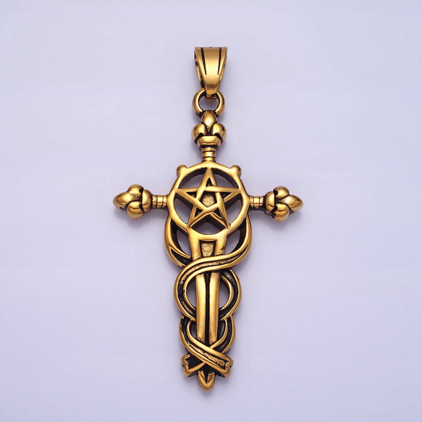 Stainless Steel Sword Charm Men Cross Pendant in Silver Gold Statement Christian Catholic Jewelry | P-1140
