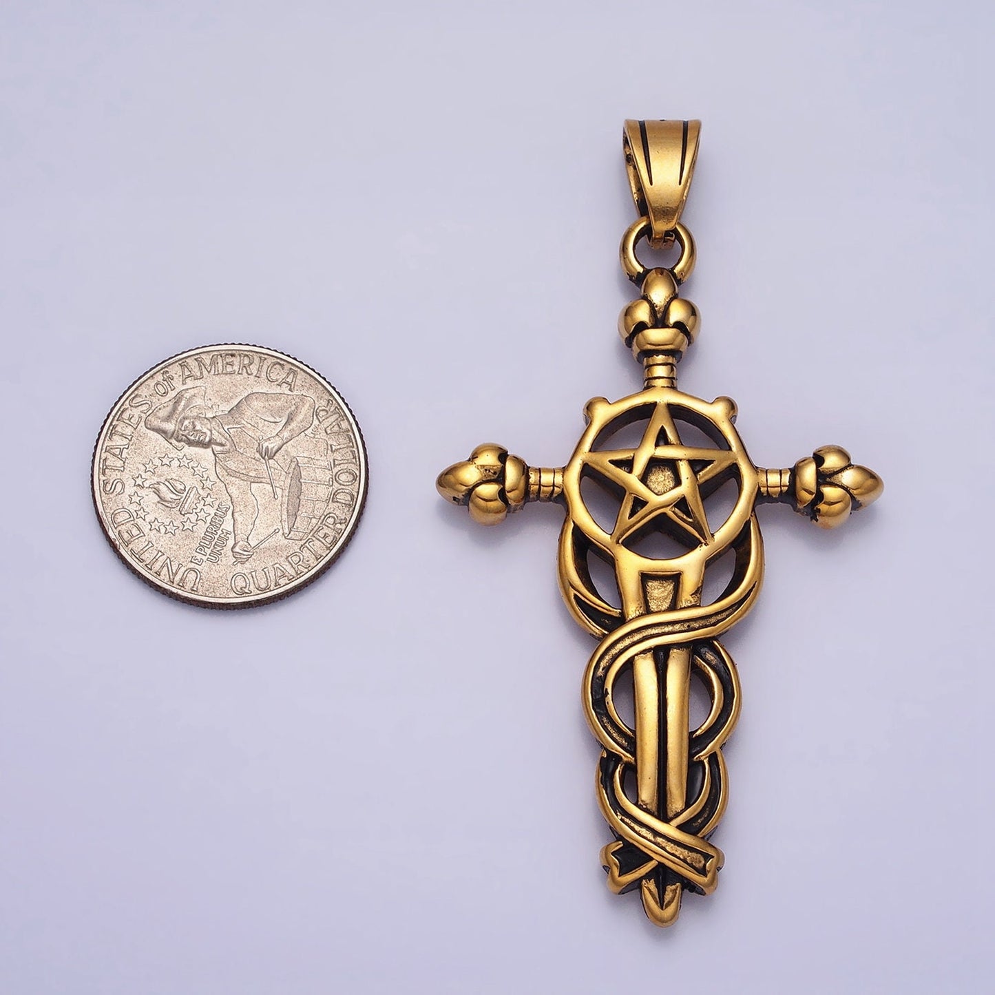 Stainless Steel Sword Charm Men Cross Pendant in Silver Gold Statement Christian Catholic Jewelry | P-1140