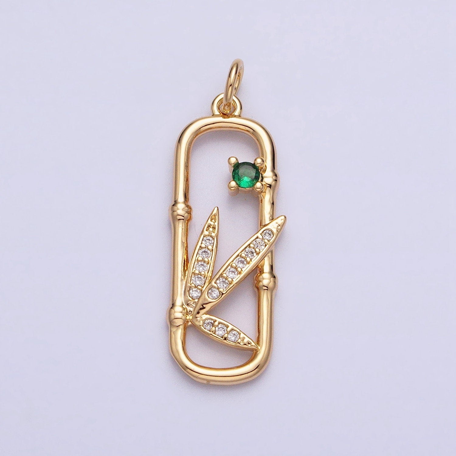 16K Gold Filled Nature Green CZ Micro Paved Leaves Bamboo Oblong Open Charm in Gold & Silver | AC968 AC969