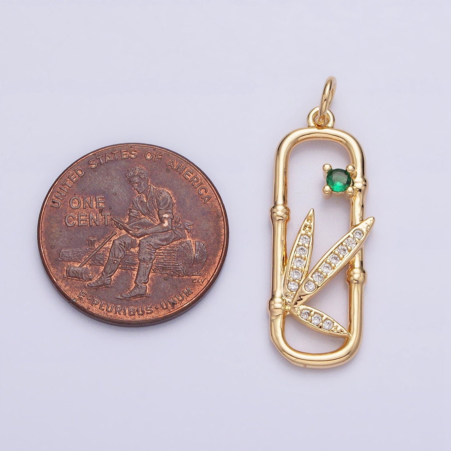 16K Gold Filled Nature Green CZ Micro Paved Leaves Bamboo Oblong Open Charm in Gold & Silver | AC968 AC969