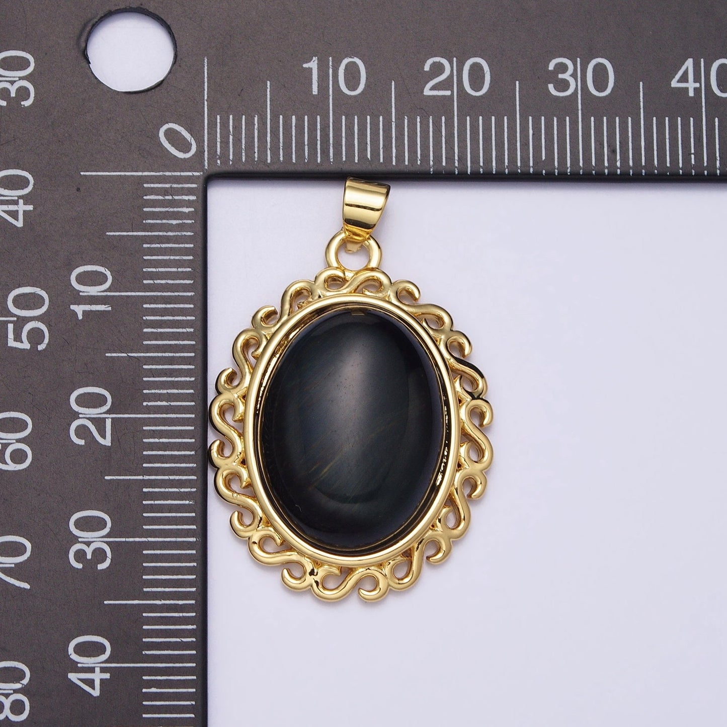 24K Gold Filled Blue Tiger's Eye Dark Oval stone Pendant Statement Tiger eye Charm necklace AA289