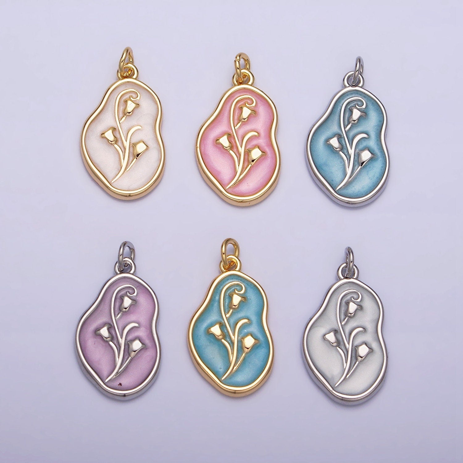 1Pc Gold Tulip Charms Blue, White, Pink Enamel Flower charm Abstract Oval Charm Medallion for Necklace Bracelet AC1117