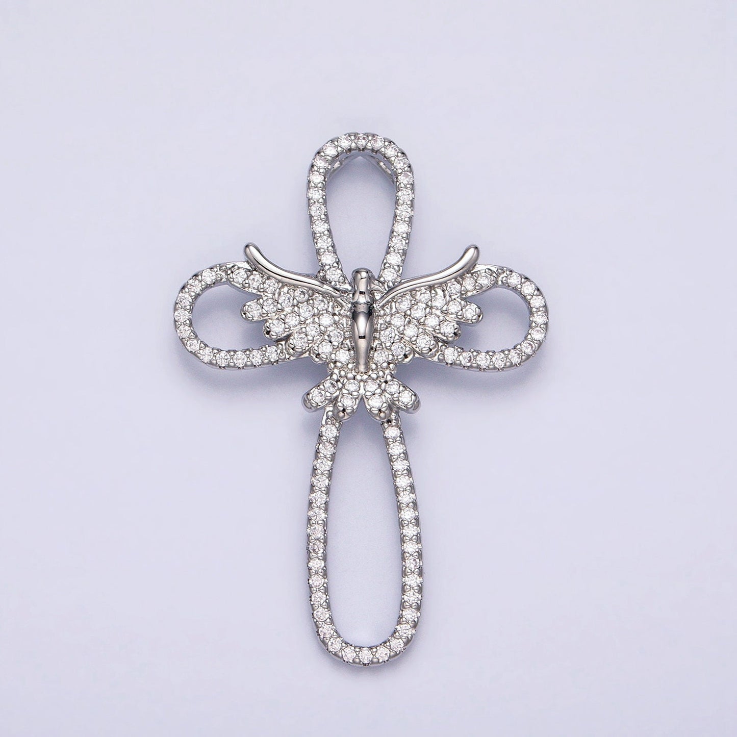16K Gold Filled Micro Paved CZ Flying Dove Open Cross Back Loop Pendant in Gold & Silver | AA379 AA380