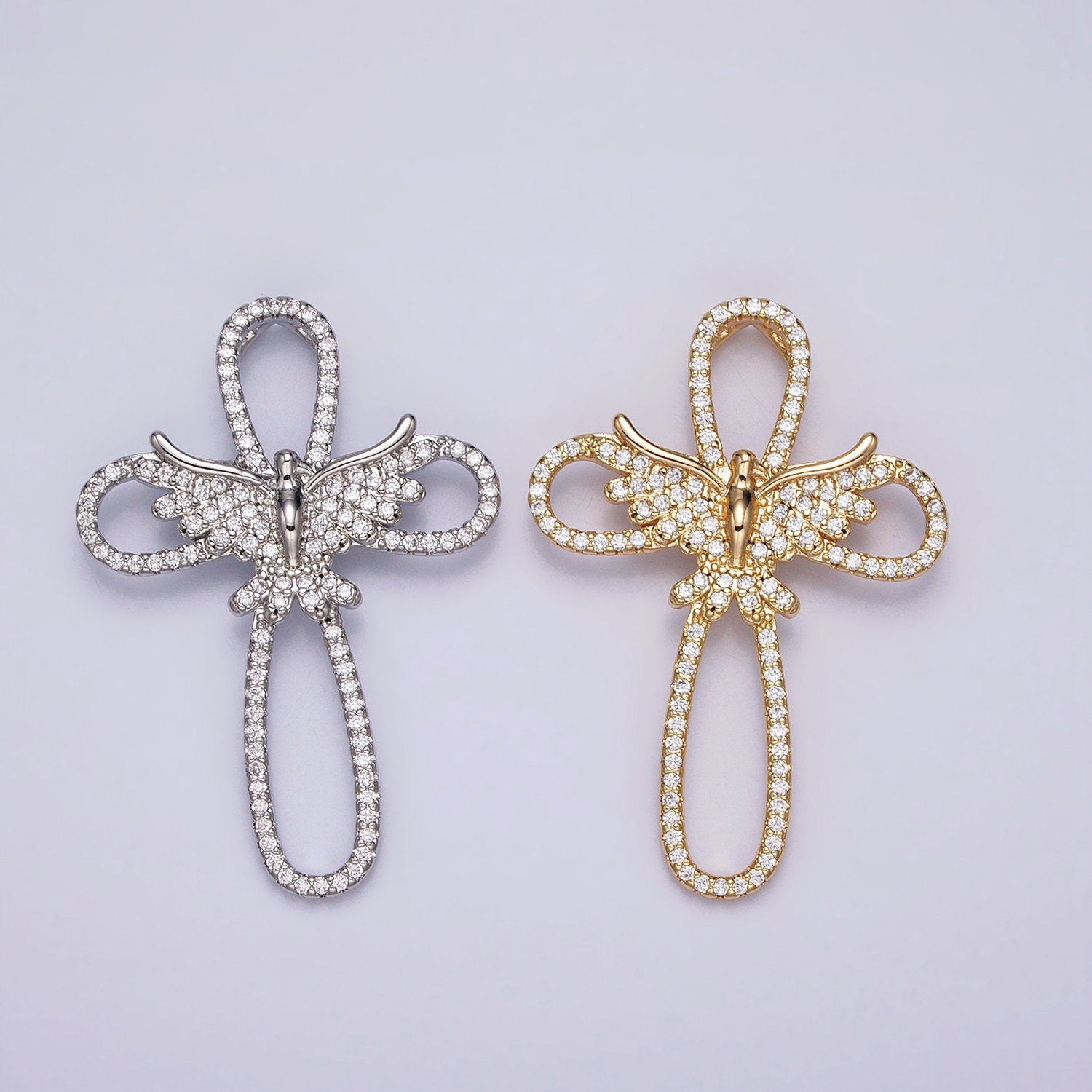 16K Gold Filled Micro Paved CZ Flying Dove Open Cross Back Loop Pendant in Gold & Silver | AA379 AA380