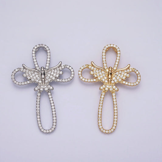 16K Gold Filled Micro Paved CZ Flying Dove Open Cross Back Loop Pendant in Gold & Silver | AA379 AA380