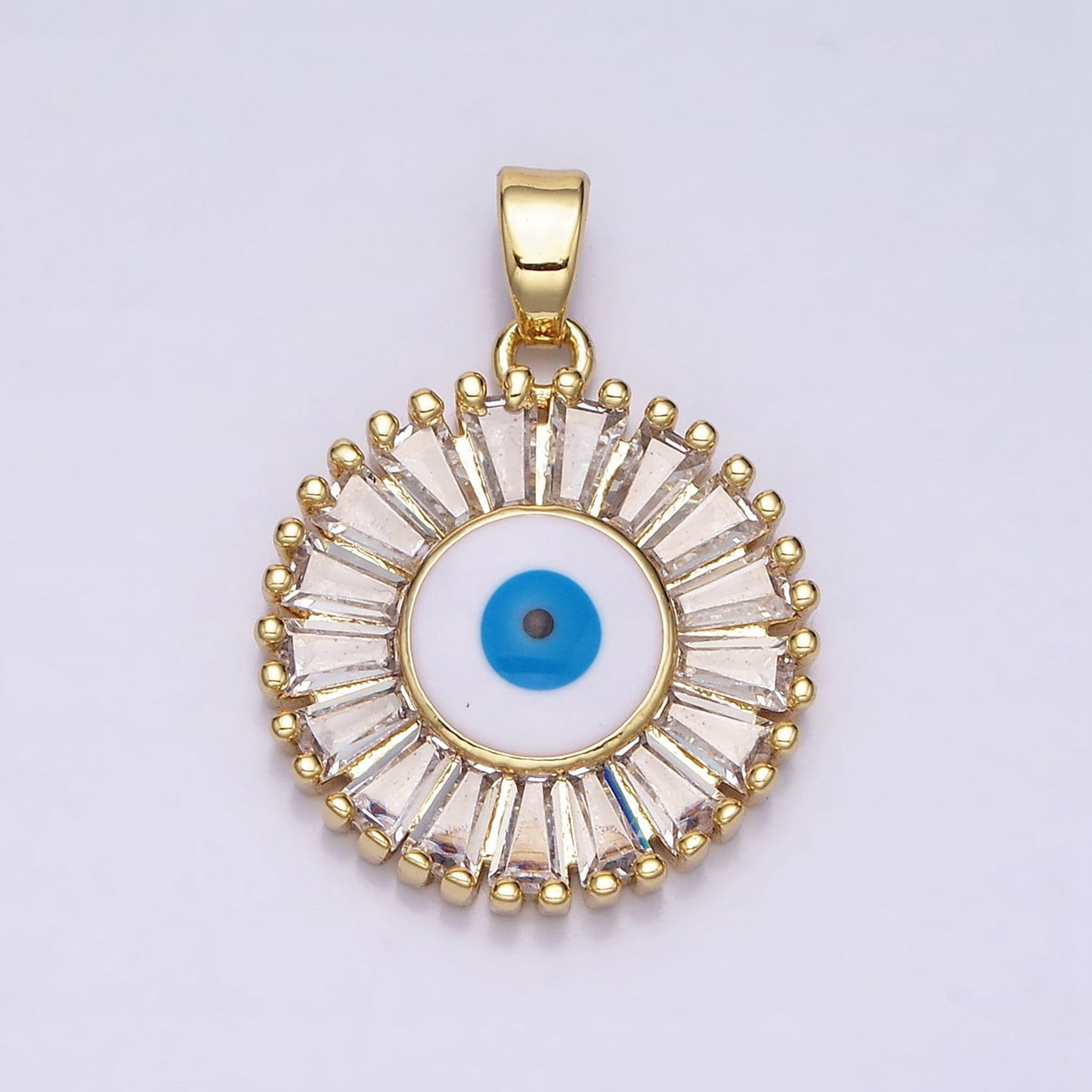 16K Gold Filled Evil Eye Enamel Clear Baguette CZ Round Pendant in Gold & Silver | AA480 AA481