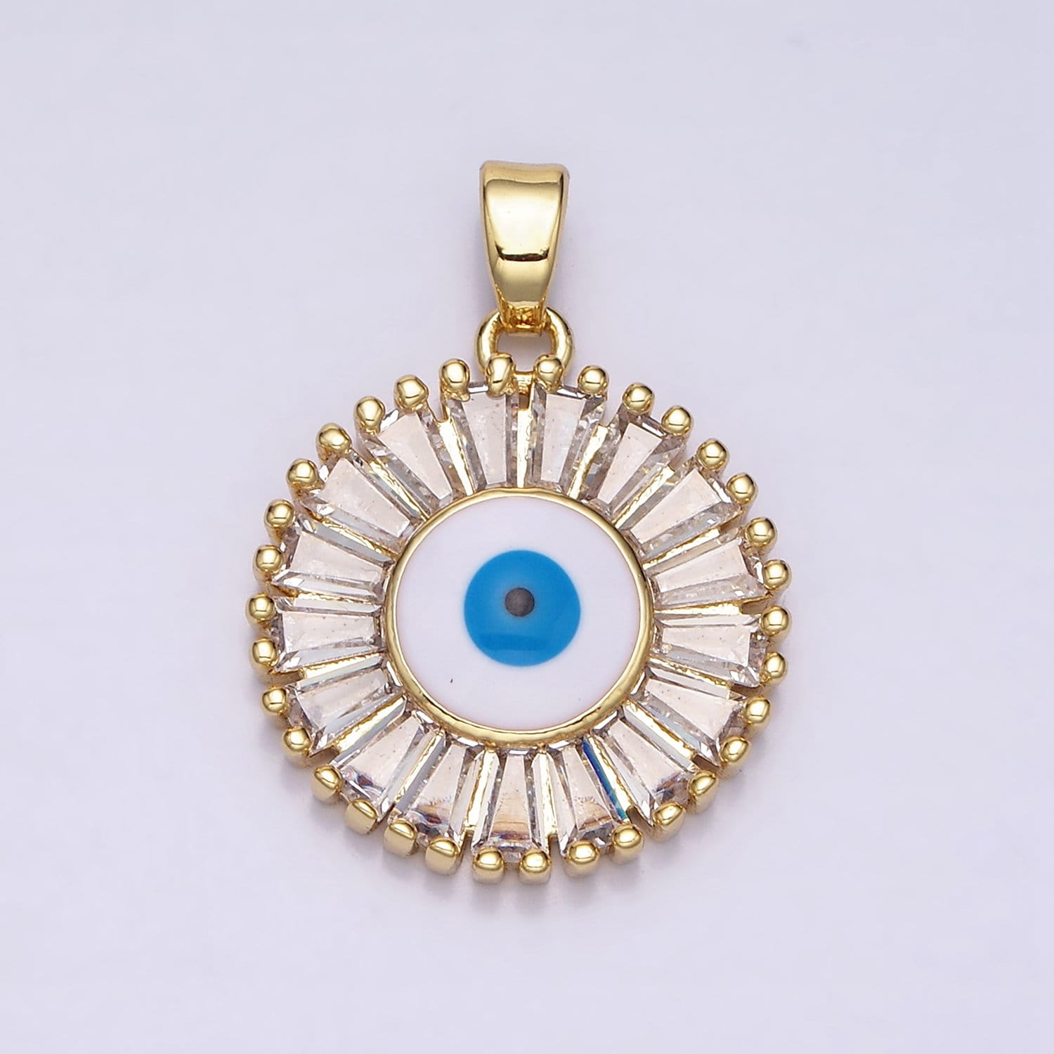 16K Gold Filled Evil Eye Enamel Clear Baguette CZ Round Pendant in Gold & Silver | AA480 AA481