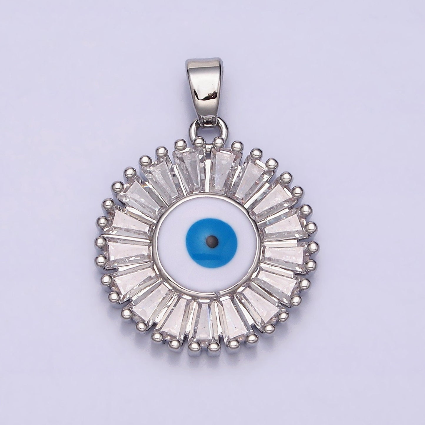 16K Gold Filled Evil Eye Enamel Clear Baguette CZ Round Pendant in Gold & Silver | AA480 AA481
