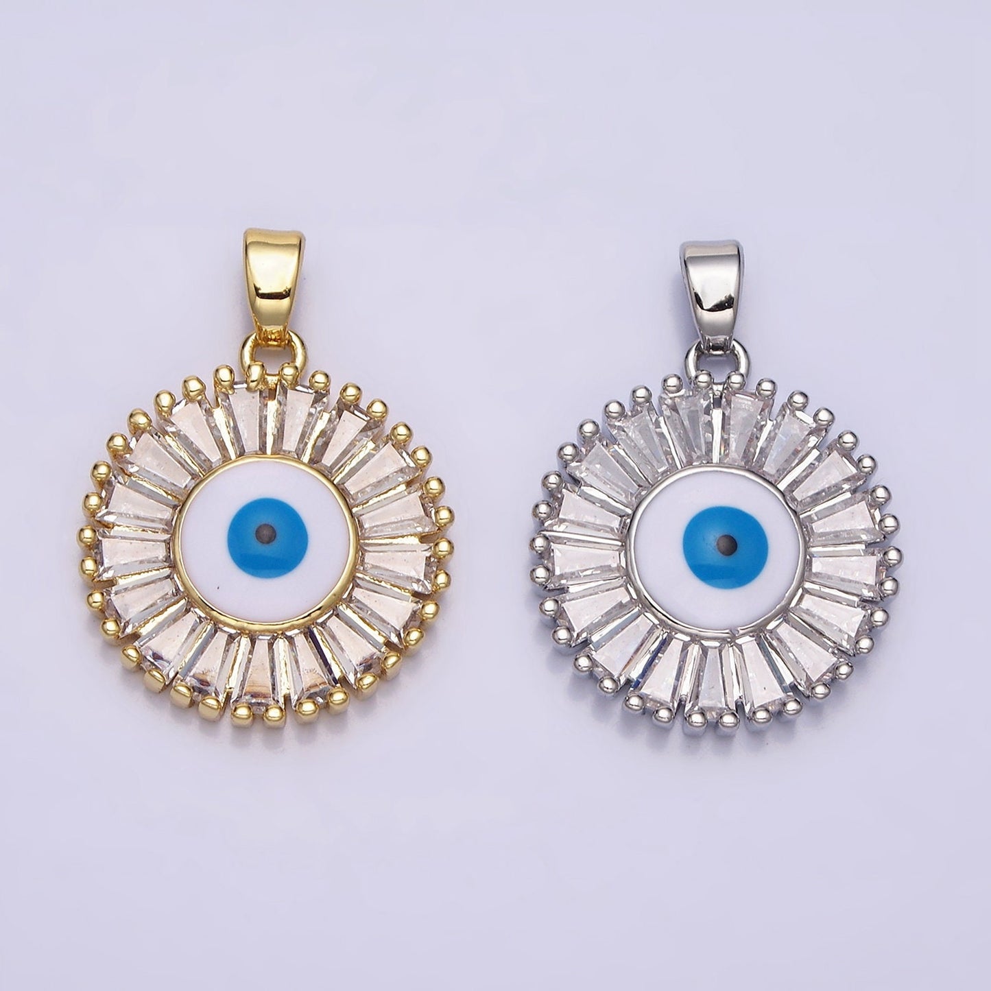16K Gold Filled Evil Eye Enamel Clear Baguette CZ Round Pendant in Gold & Silver | AA480 AA481