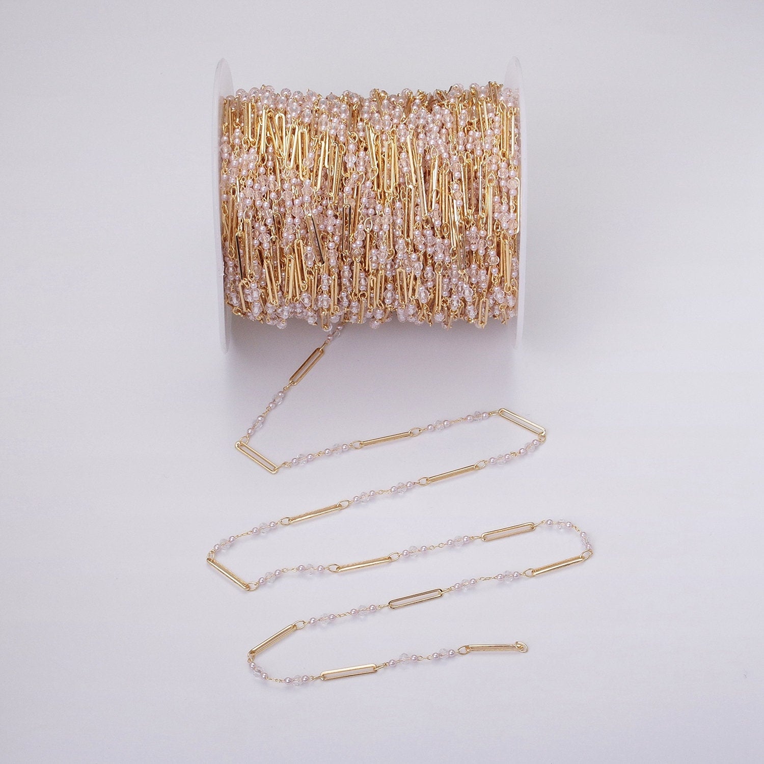 Fine Chain 16K Gold Filled 3mm White Shell Pearl Clear Rondell Paperclip Link Unfinished Chain in Gold & Silver | ROLL-1341 ROLL-1342