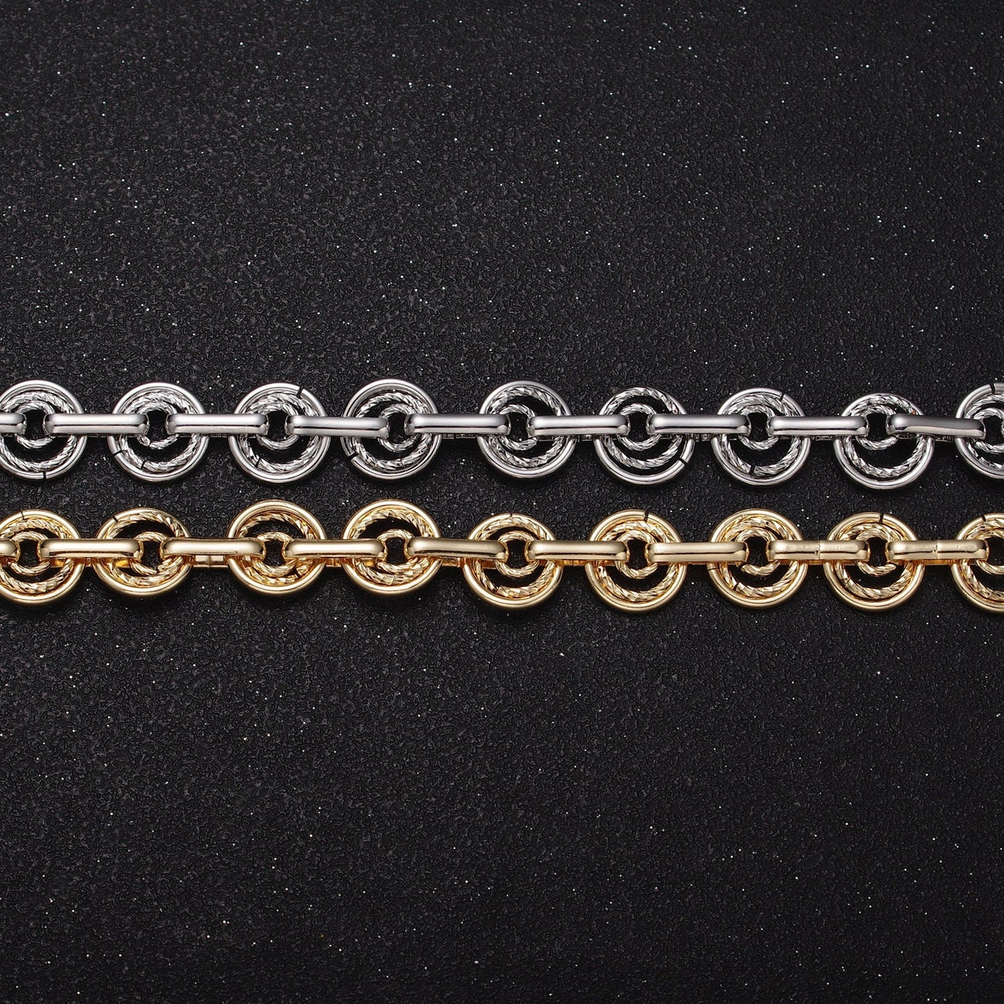 16k Gold Filled Statement Designed Textured Round Disc Link Unfinished Statement Chain by Yard in Gold & Silver | ROLL-1135, ROLL-1136
