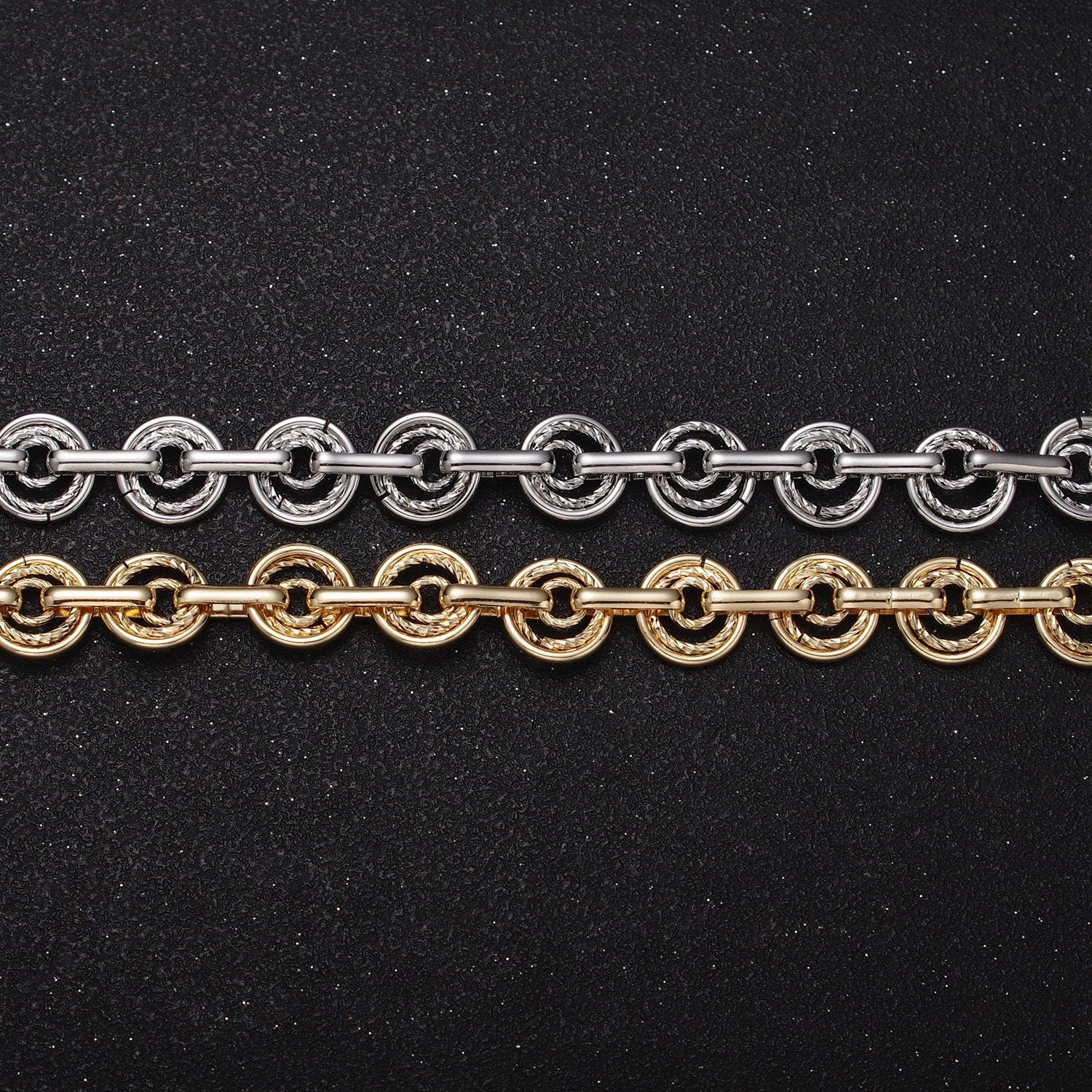16k Gold Filled Statement Designed Textured Round Disc Link Unfinished Statement Chain by Yard in Gold & Silver | ROLL-1135, ROLL-1136