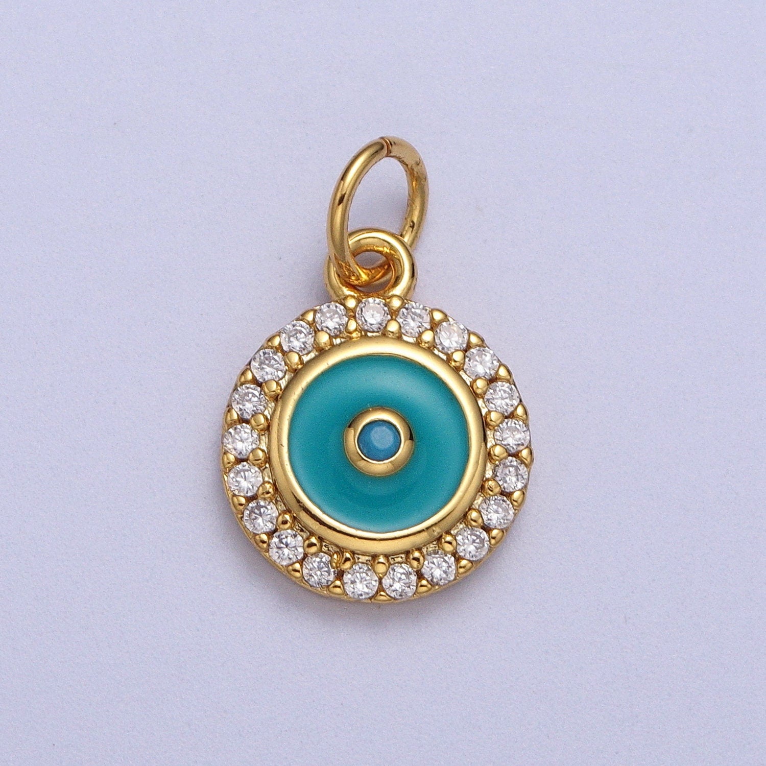 Teal Enamel Evil Eye Charm Pendant, Round Evil Eye Charm Cubic gold silver Disc Coin Medallion Jewelry Making Supply AC555