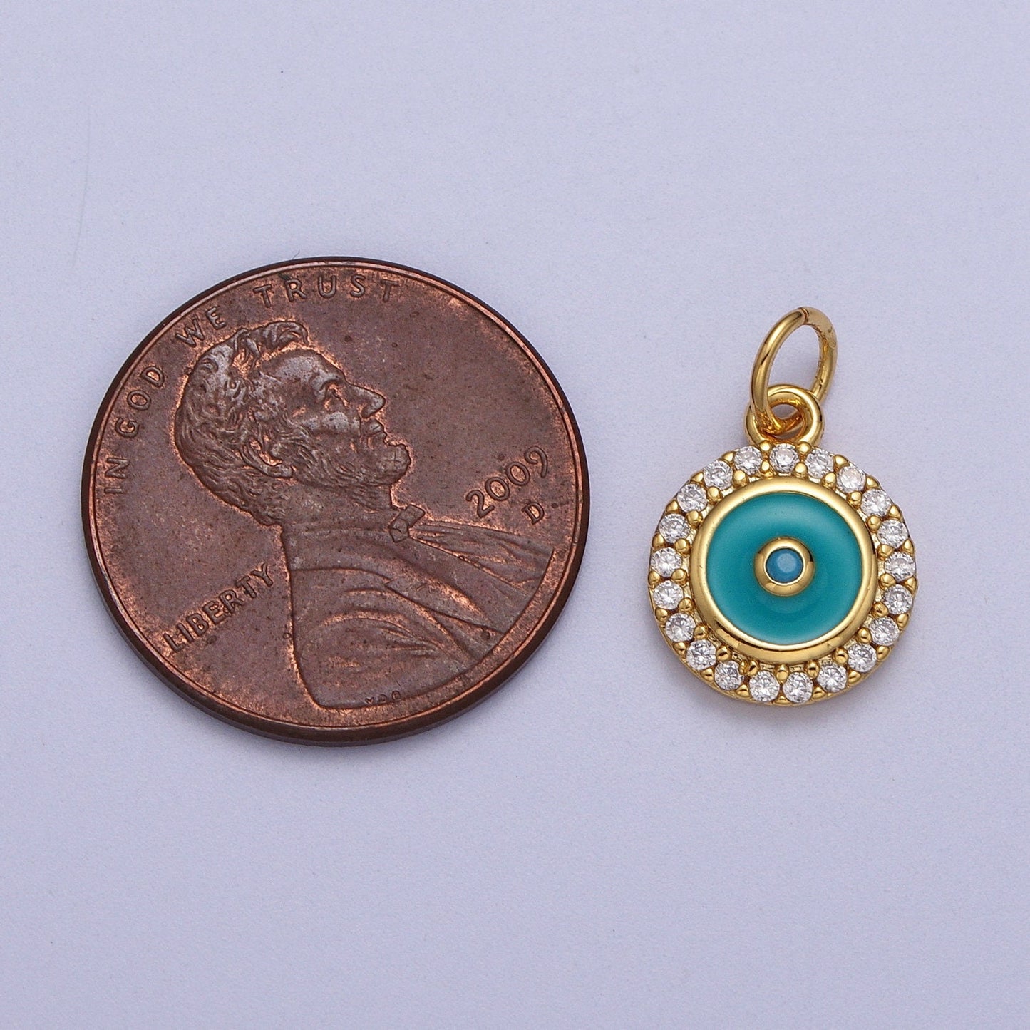 Teal Enamel Evil Eye Charm Pendant, Round Evil Eye Charm Cubic gold silver Disc Coin Medallion Jewelry Making Supply AC555