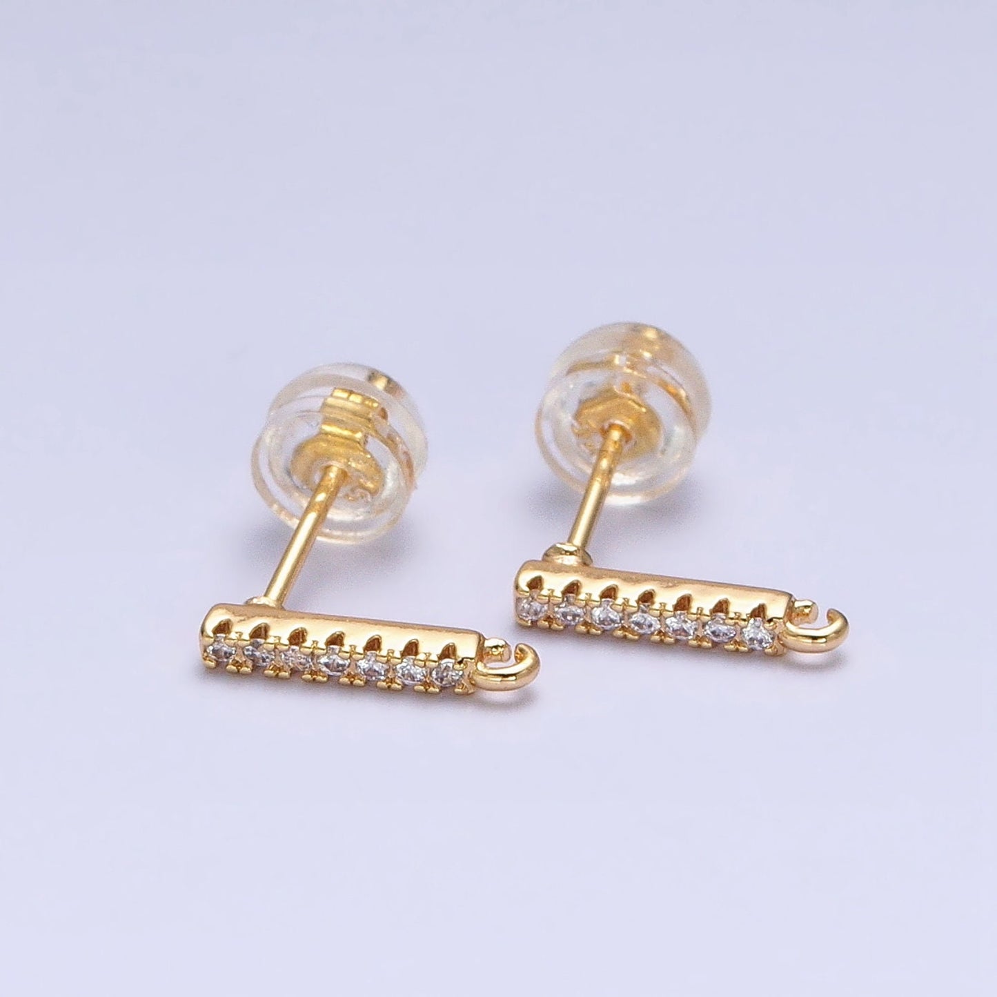 16K Gold Filled Micro Paved CZ 11mm Bar Open Loop Stud Earrings Supply in Gold & Silver | Z371 Z372