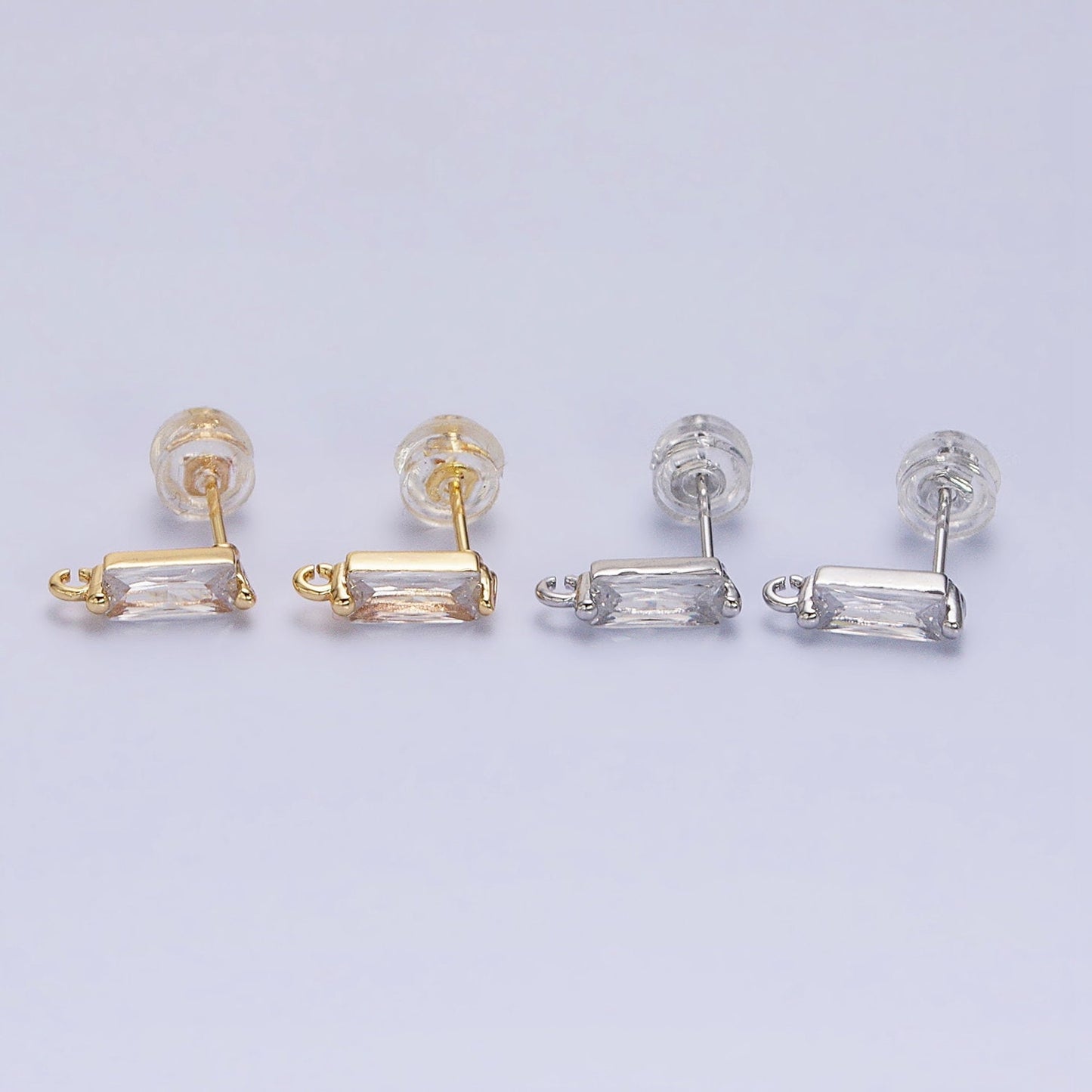 Mini Baguette CZ Earring Post Finding in 16K Gold Filled Studs with Open Loop Link Wholesale Earring Supply Z369