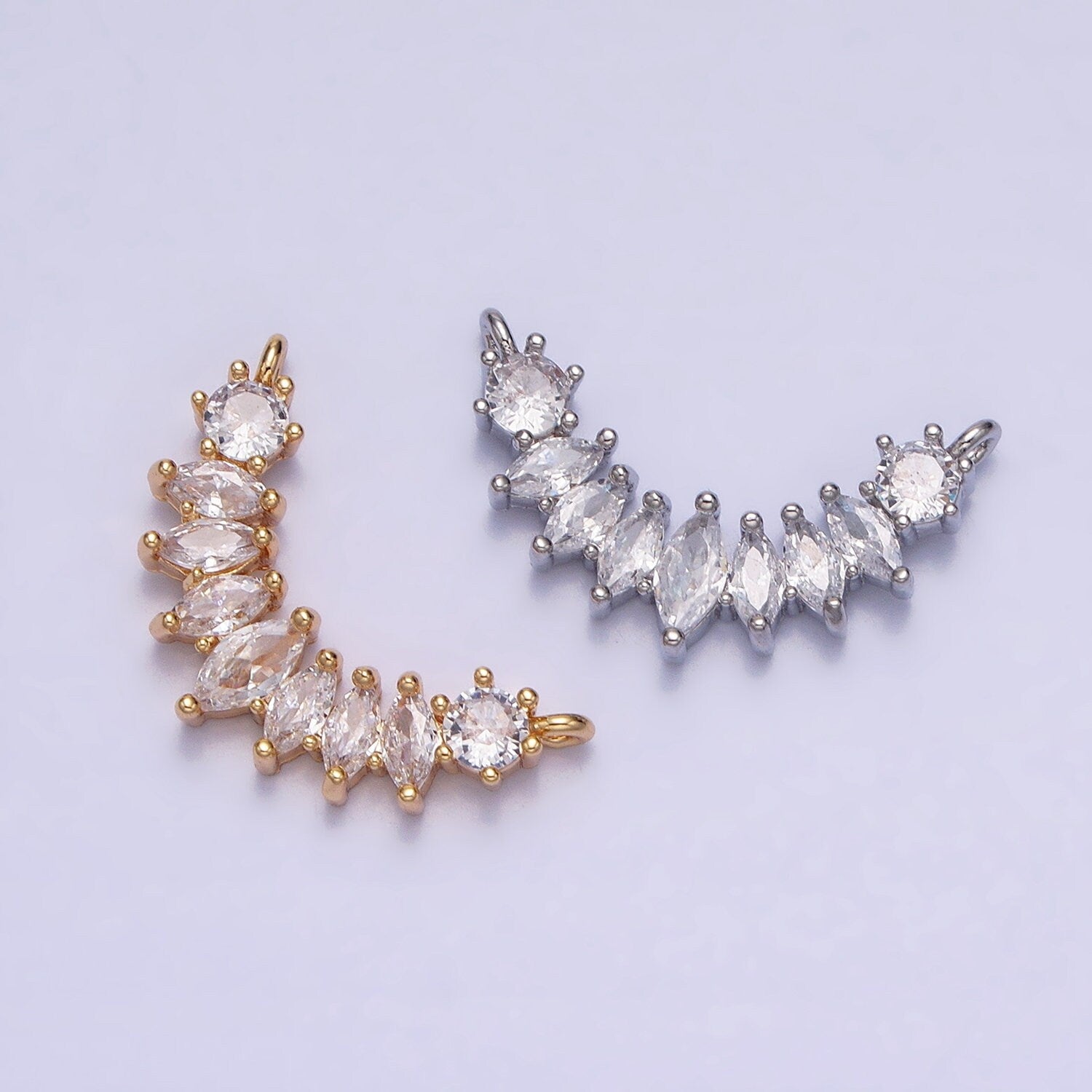 Dainty Collar Gold, Silver Clear CZ Marquise Cubic Zirconia Curved Lined 18mm Link Connector for Necklace Bracelet Component | Y-845
