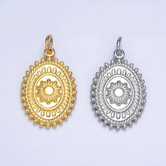 Gold, Silver Celestial Sun Pendant Medallion Yoga Beaded Outline Artisan Oval Charm | AC627 AC628