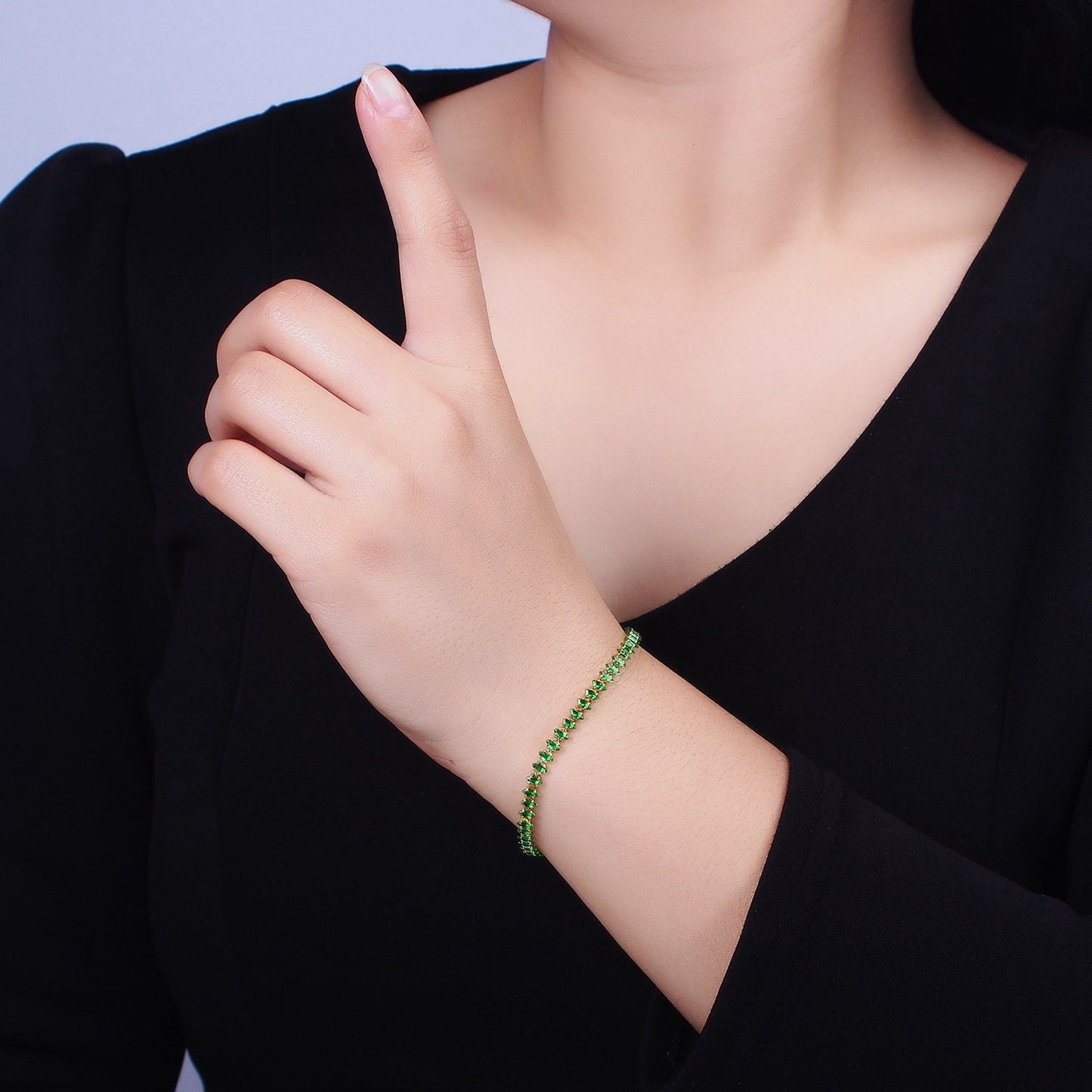 16K Gold Filled 4mm Green, Clear, Pink CZ Marquise Tennis 6.5 Inch Bracelet with Extender | WA-1788 ~ WA-1790