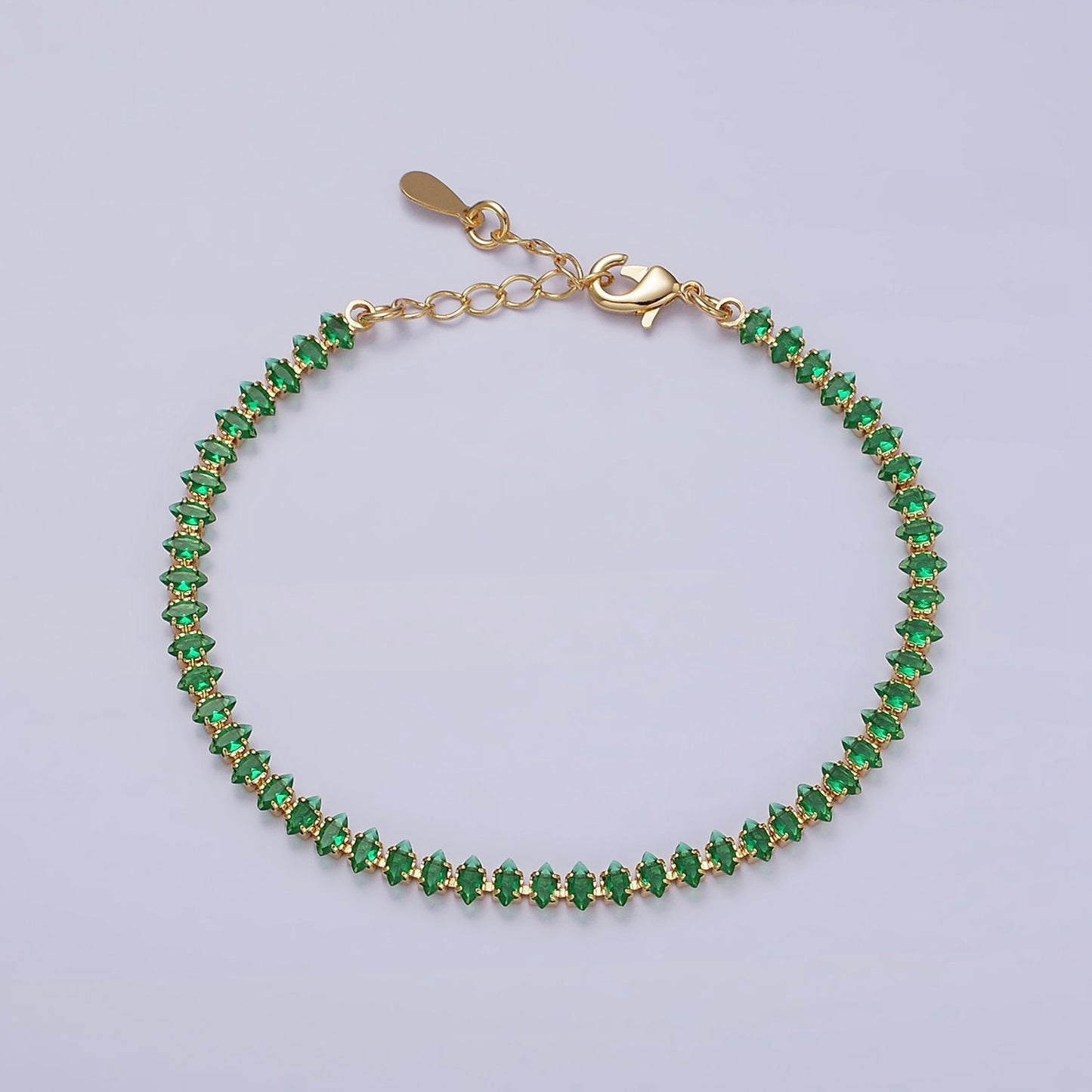 16K Gold Filled 4mm Green, Clear, Pink CZ Marquise Tennis 6.5 Inch Bracelet with Extender | WA-1788 ~ WA-1790
