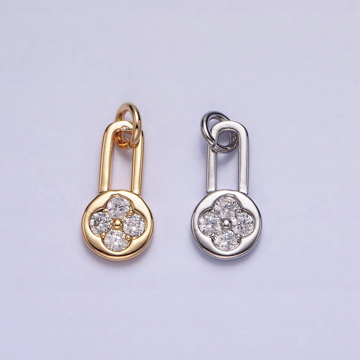 Mini Padlock CZ Charms, Micro Pave Gold Charms Lucky Lock Pendant Silver 4 Leaf Pendant Necklace Bracelet Earring Charm AC613