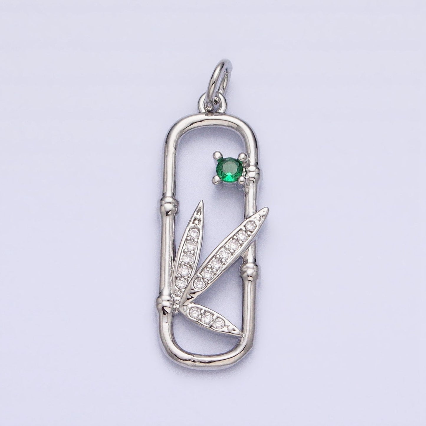 16K Gold Filled Nature Green CZ Micro Paved Leaves Bamboo Oblong Open Charm in Gold & Silver | AC968 AC969