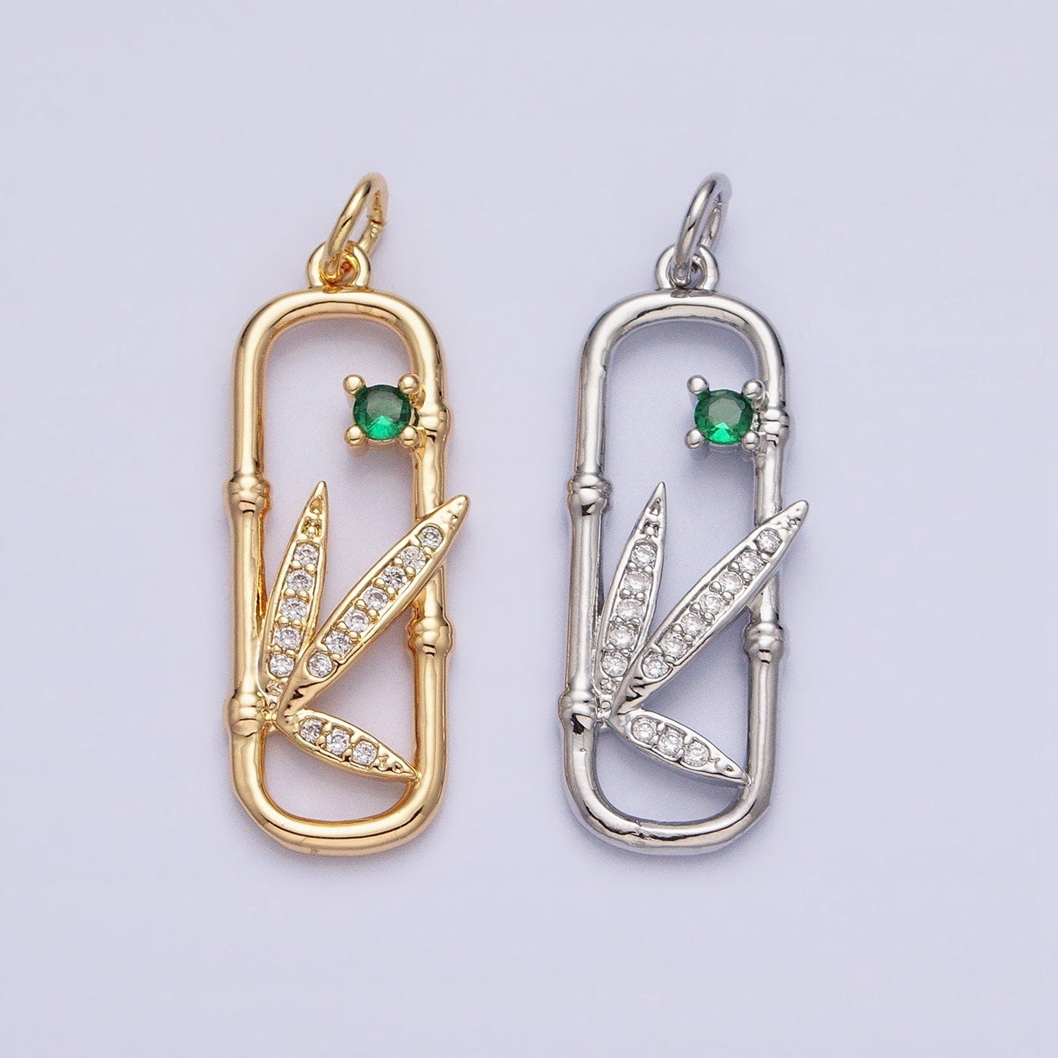 16K Gold Filled Nature Green CZ Micro Paved Leaves Bamboo Oblong Open Charm in Gold & Silver | AC968 AC969