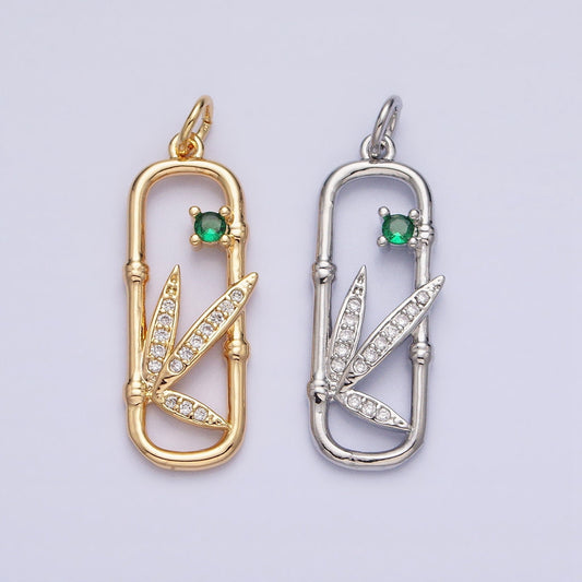 16K Gold Filled Nature Green CZ Micro Paved Leaves Bamboo Oblong Open Charm in Gold & Silver | AC968 AC969