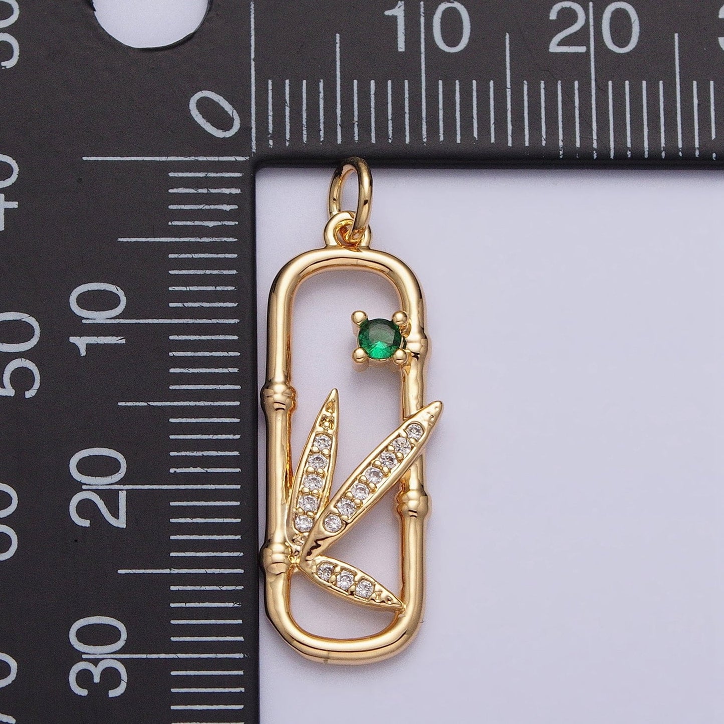 16K Gold Filled Nature Green CZ Micro Paved Leaves Bamboo Oblong Open Charm in Gold & Silver | AC968 AC969