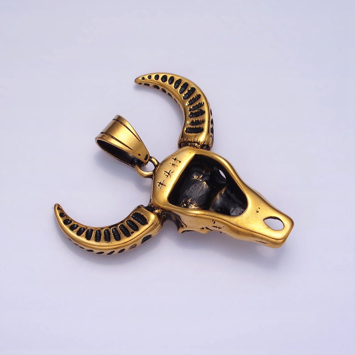 Stainless Steel Engraved Bull OX Cow head with horn Pendant in Silver | P-1142